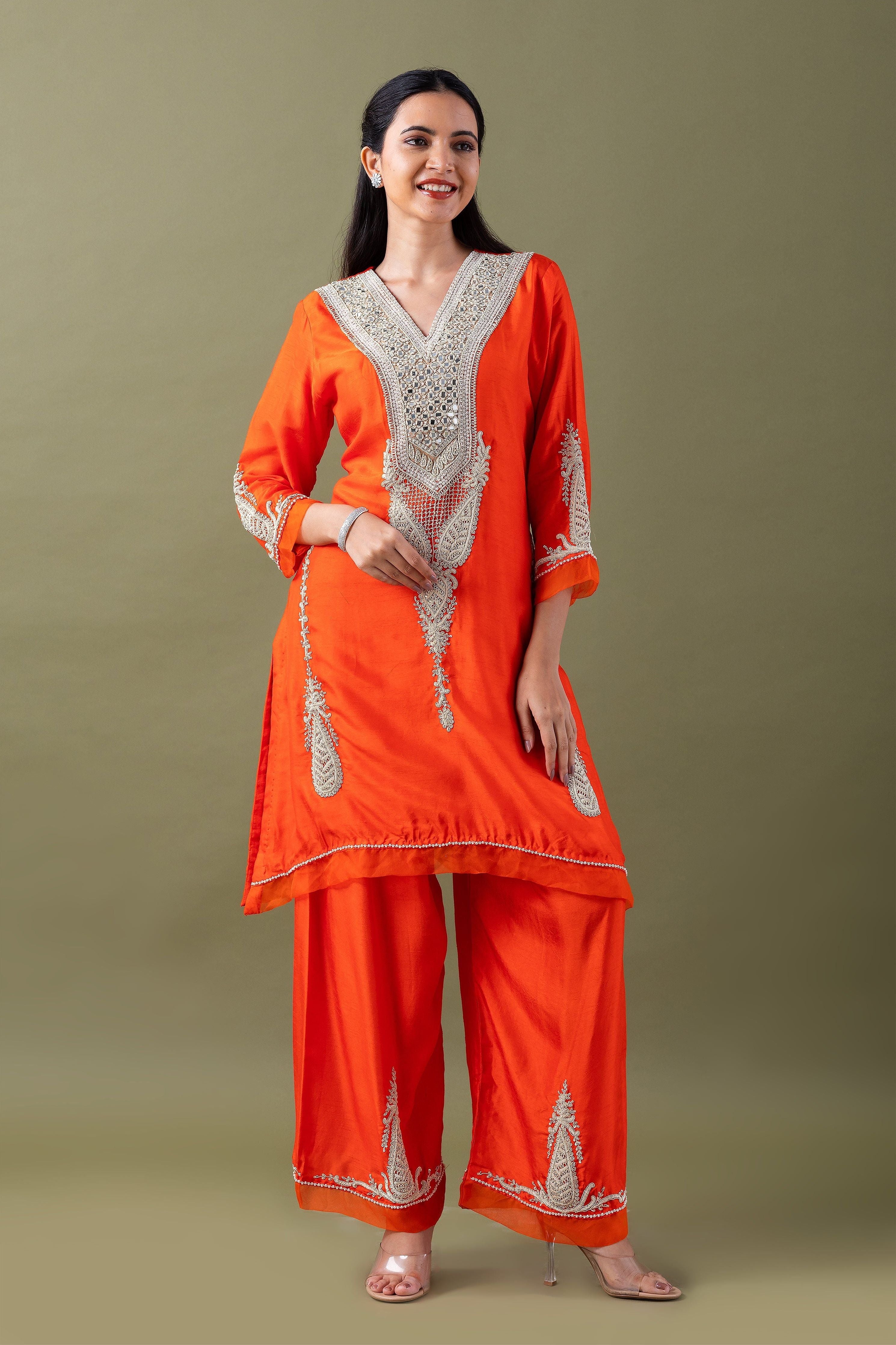 Orange Embroidered Kurta Set - Mokshaa