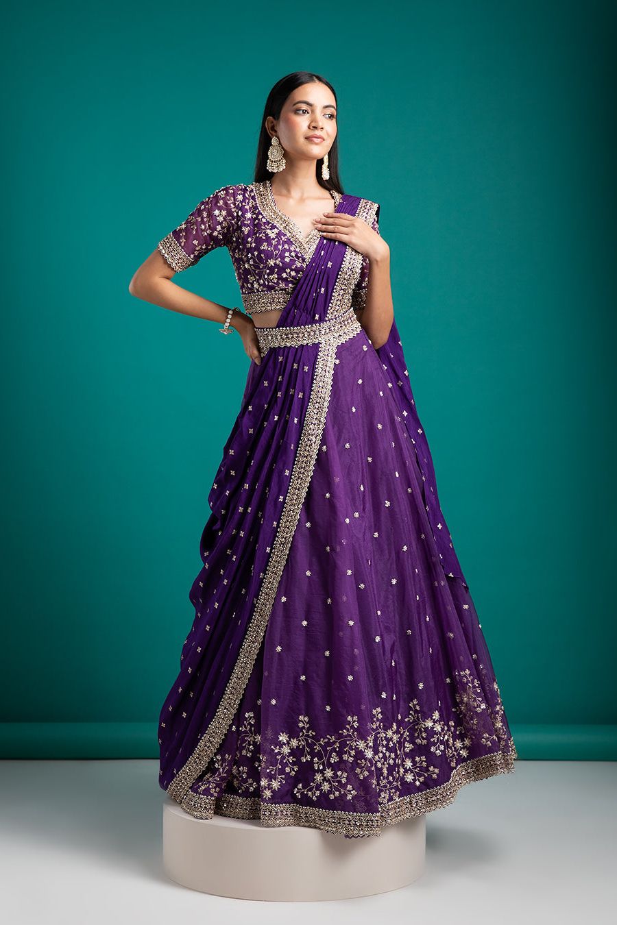 Regal Violet Draped Lehenga Set - Mokshaa