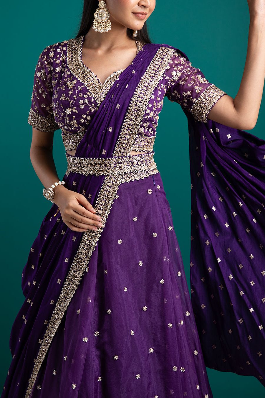 Regal Violet Draped Lehenga Set - Mokshaa