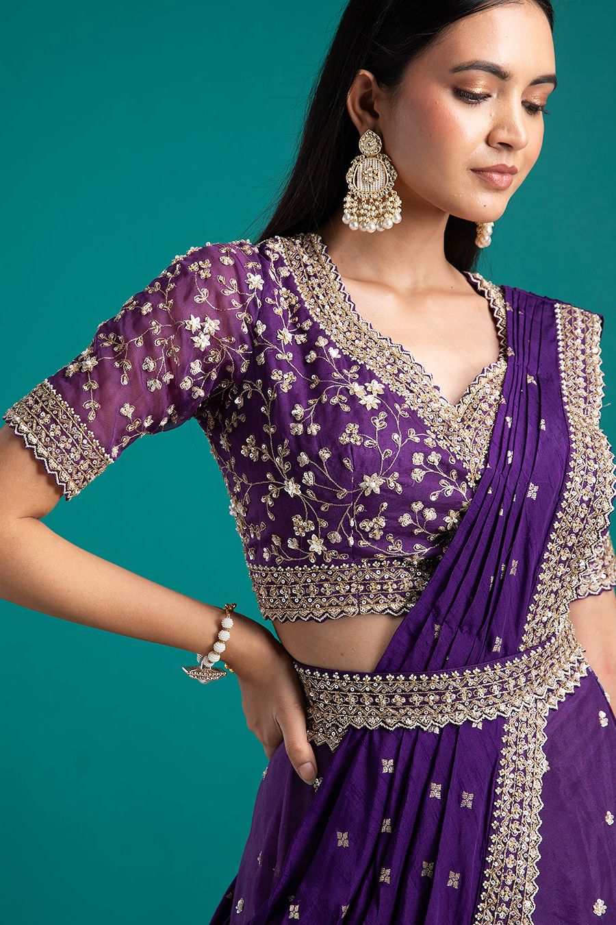 Regal Violet Draped Lehenga Set - Mokshaa