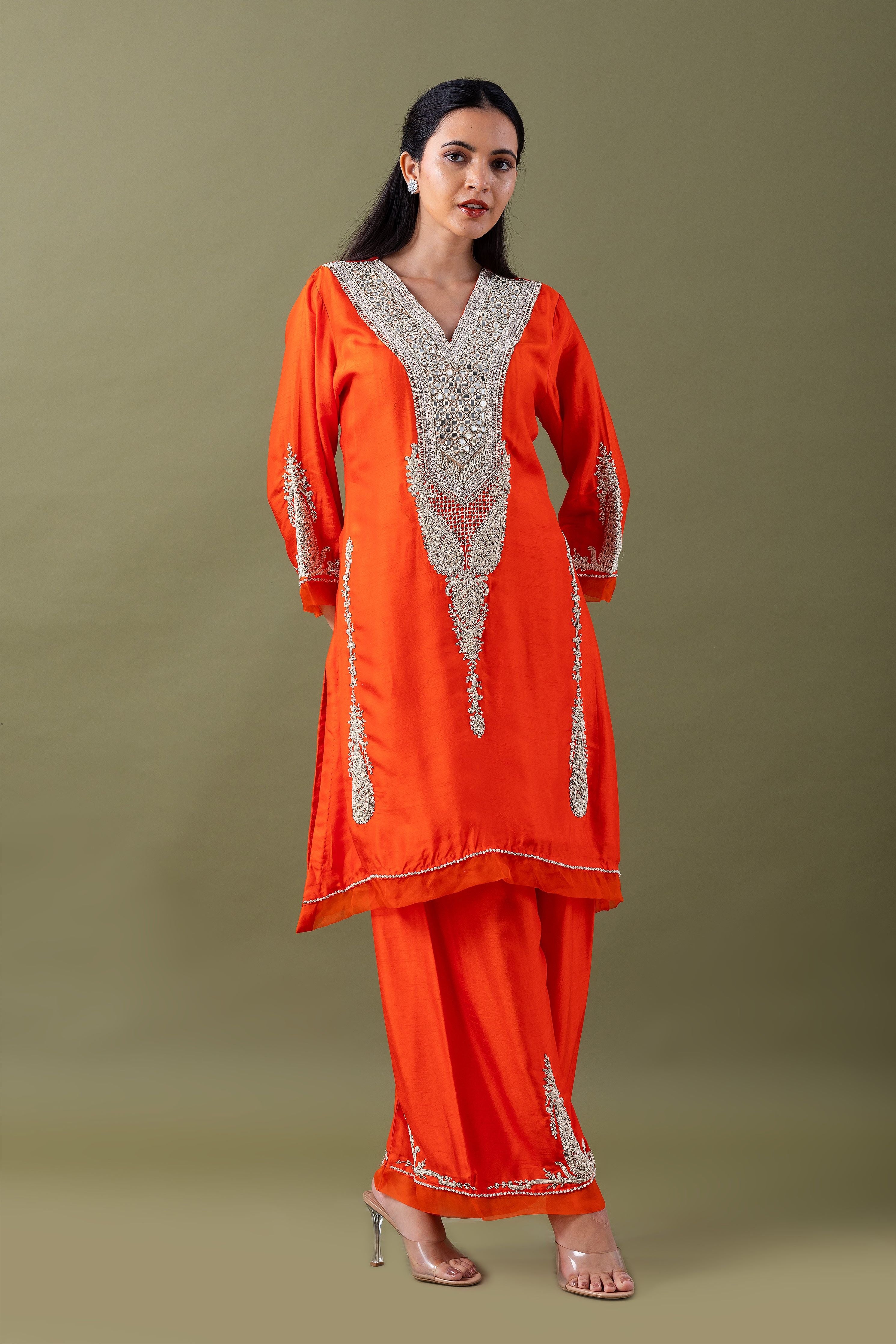 Orange Embroidered Kurta Set - Mokshaa