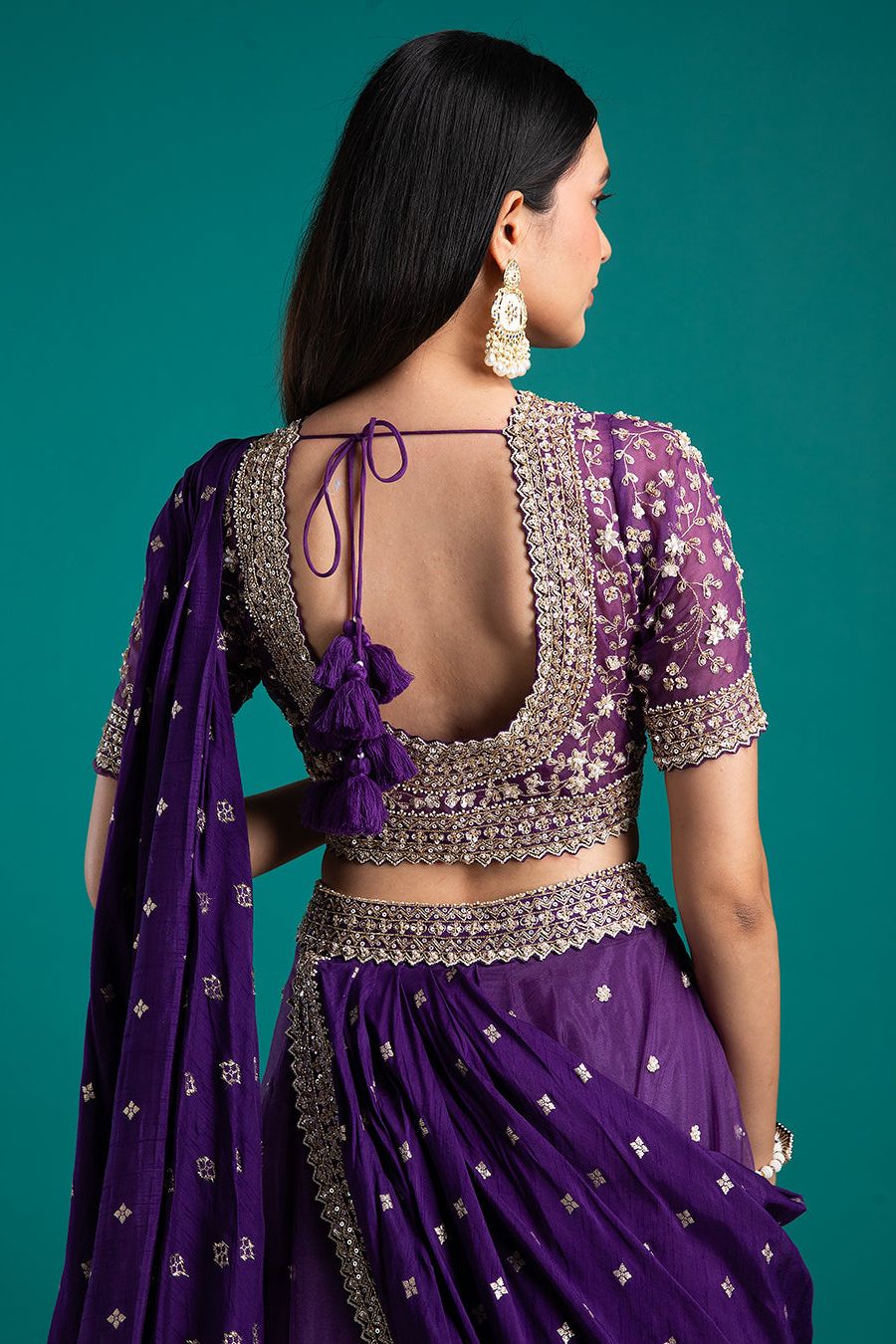 Regal Violet Draped Lehenga Set - Mokshaa