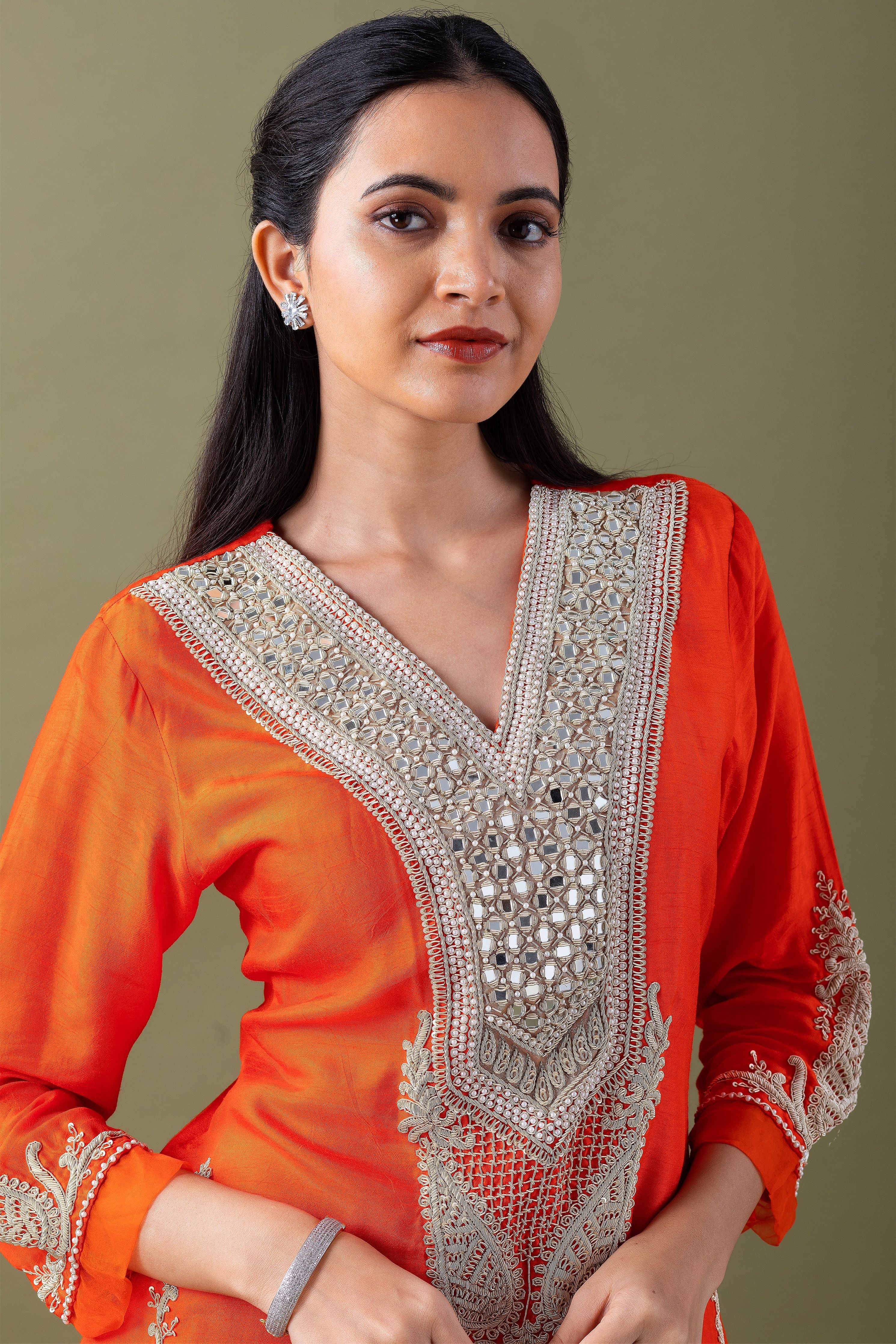 Orange Embroidered Kurta Set - Mokshaa