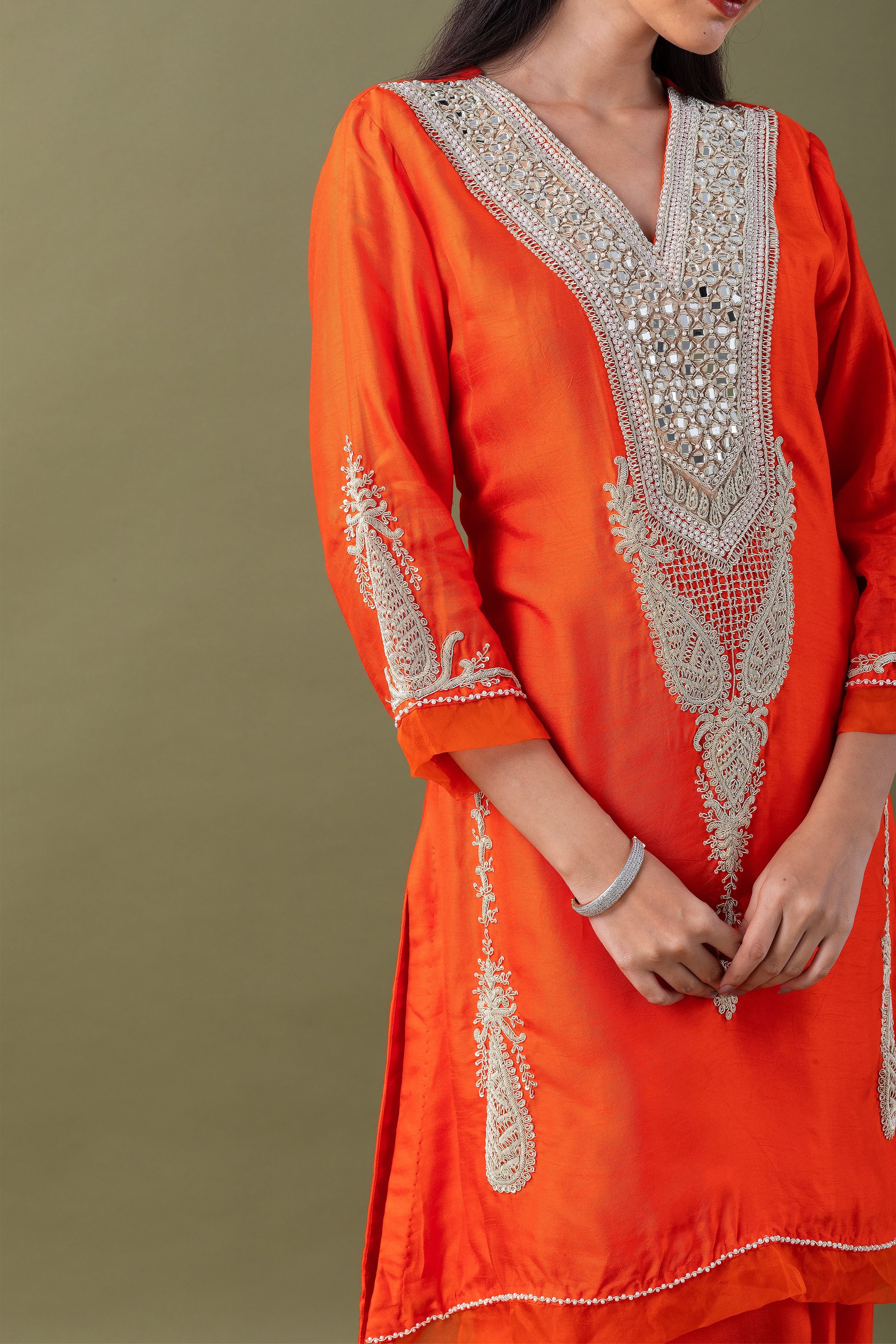 Orange Embroidered Kurta Set - Mokshaa