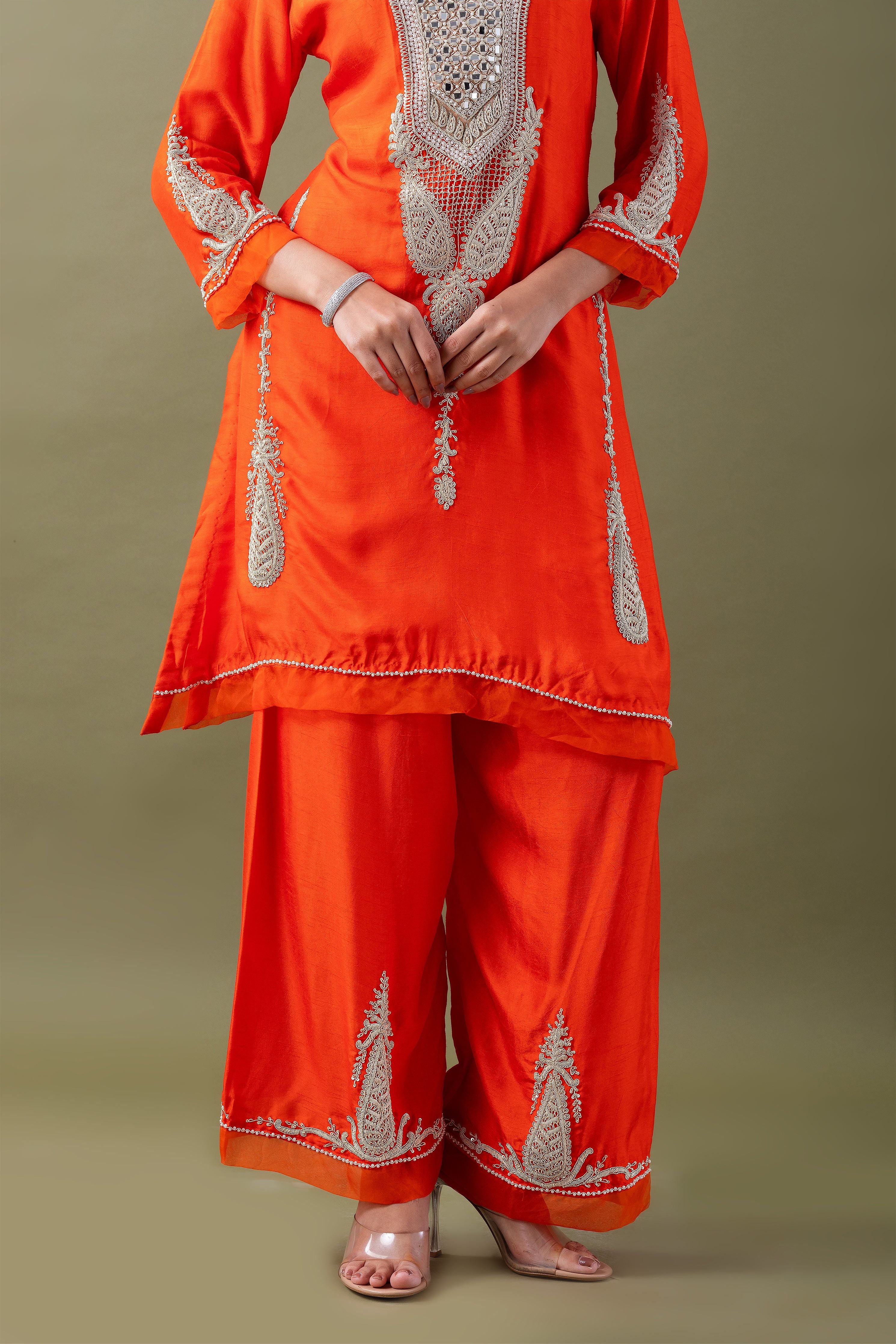 Orange Embroidered Kurta Set - Mokshaa