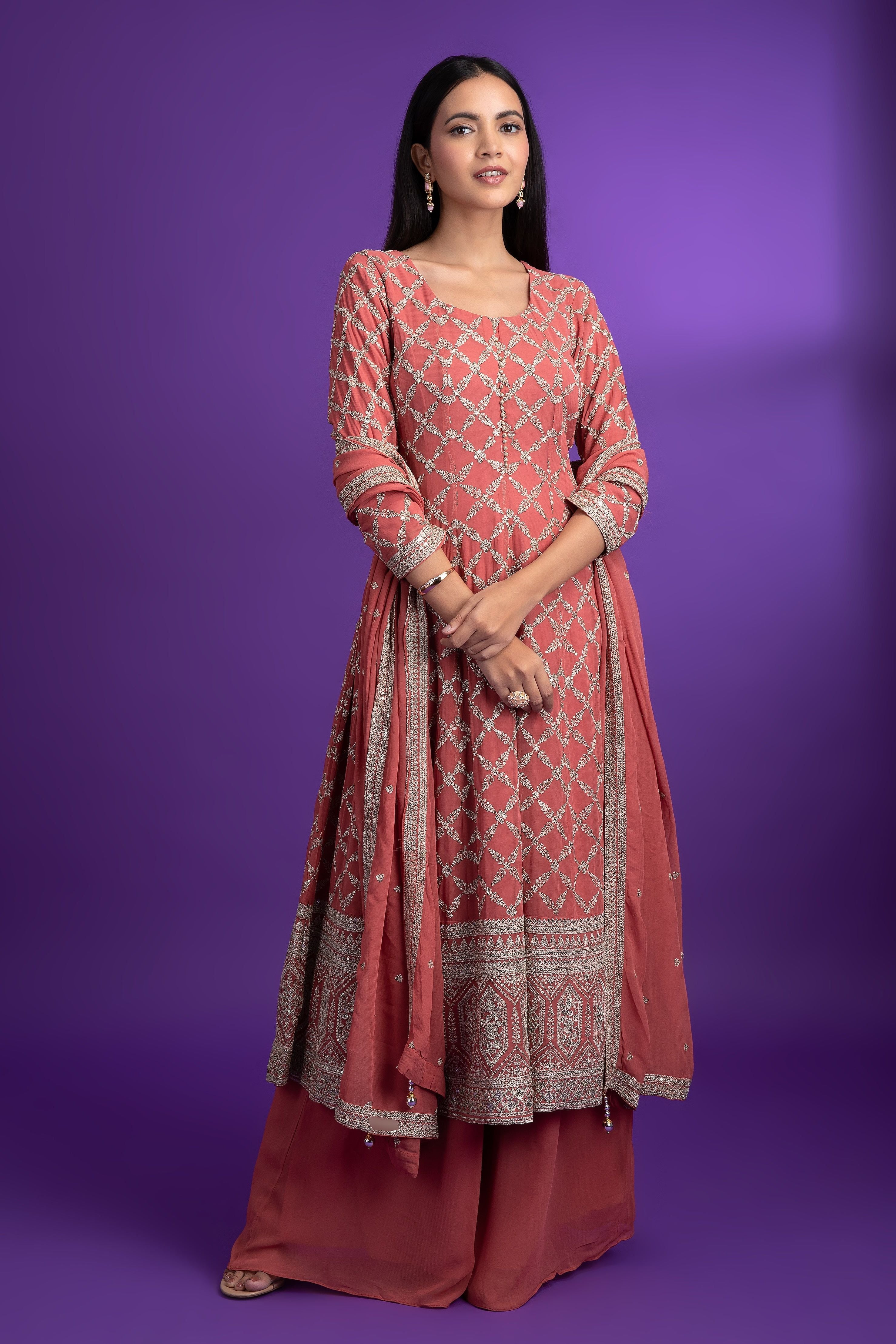 Rust Georgette Short anarkali with Palazzo set - Mokshaa