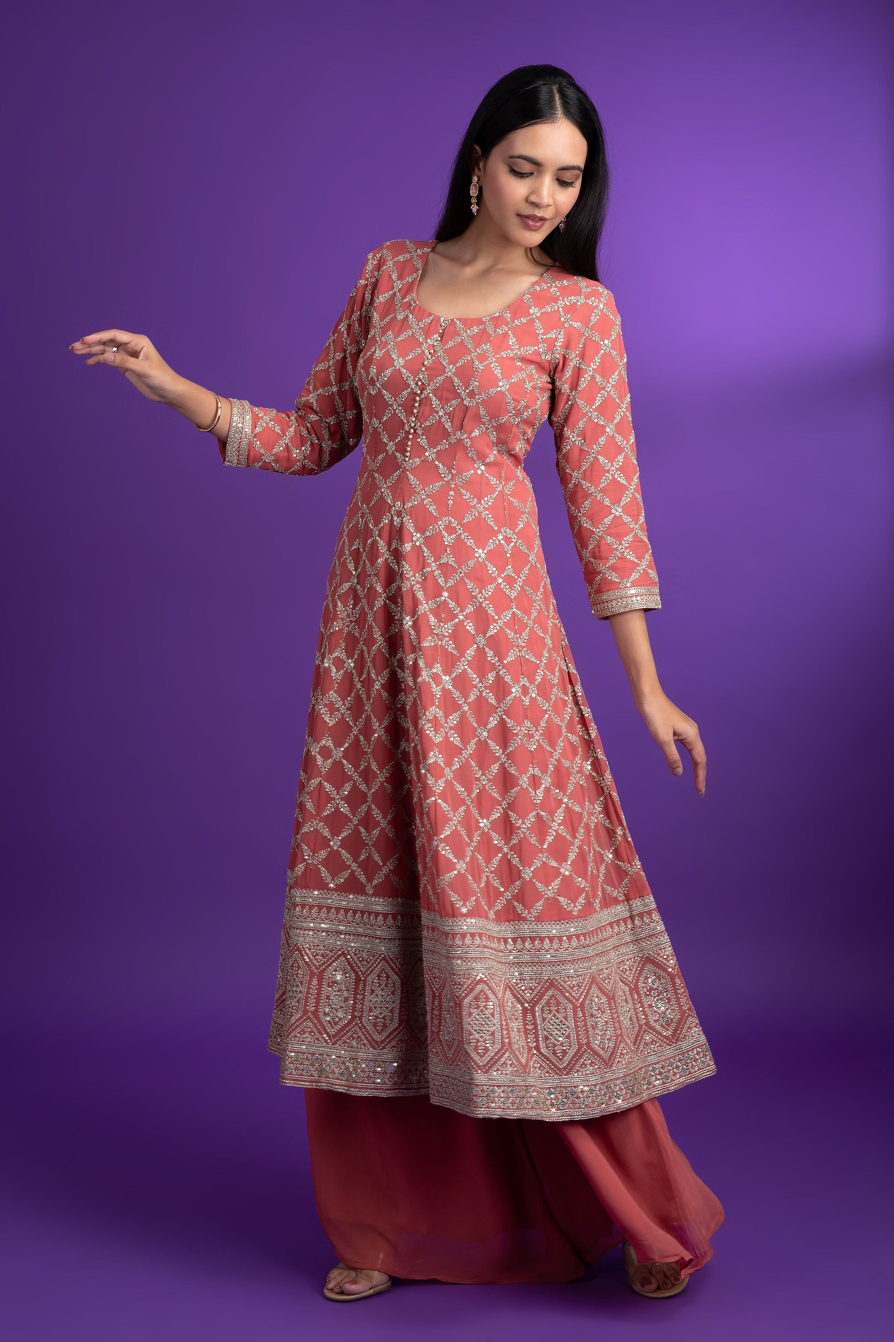 Rust Georgette Short anarkali with Palazzo set - Mokshaa