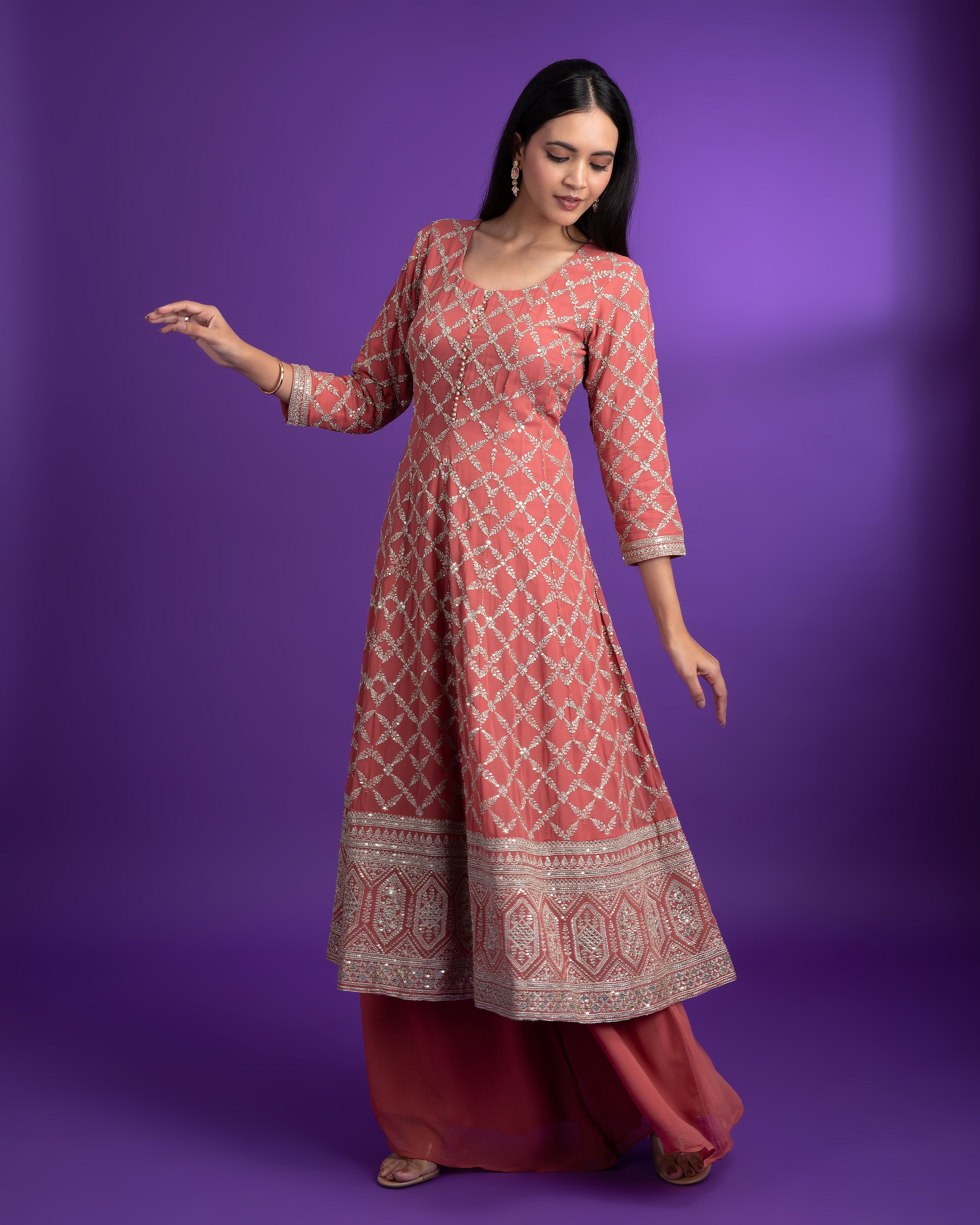 Rust Georgette Short anarkali with Palazzo set - Mokshaa