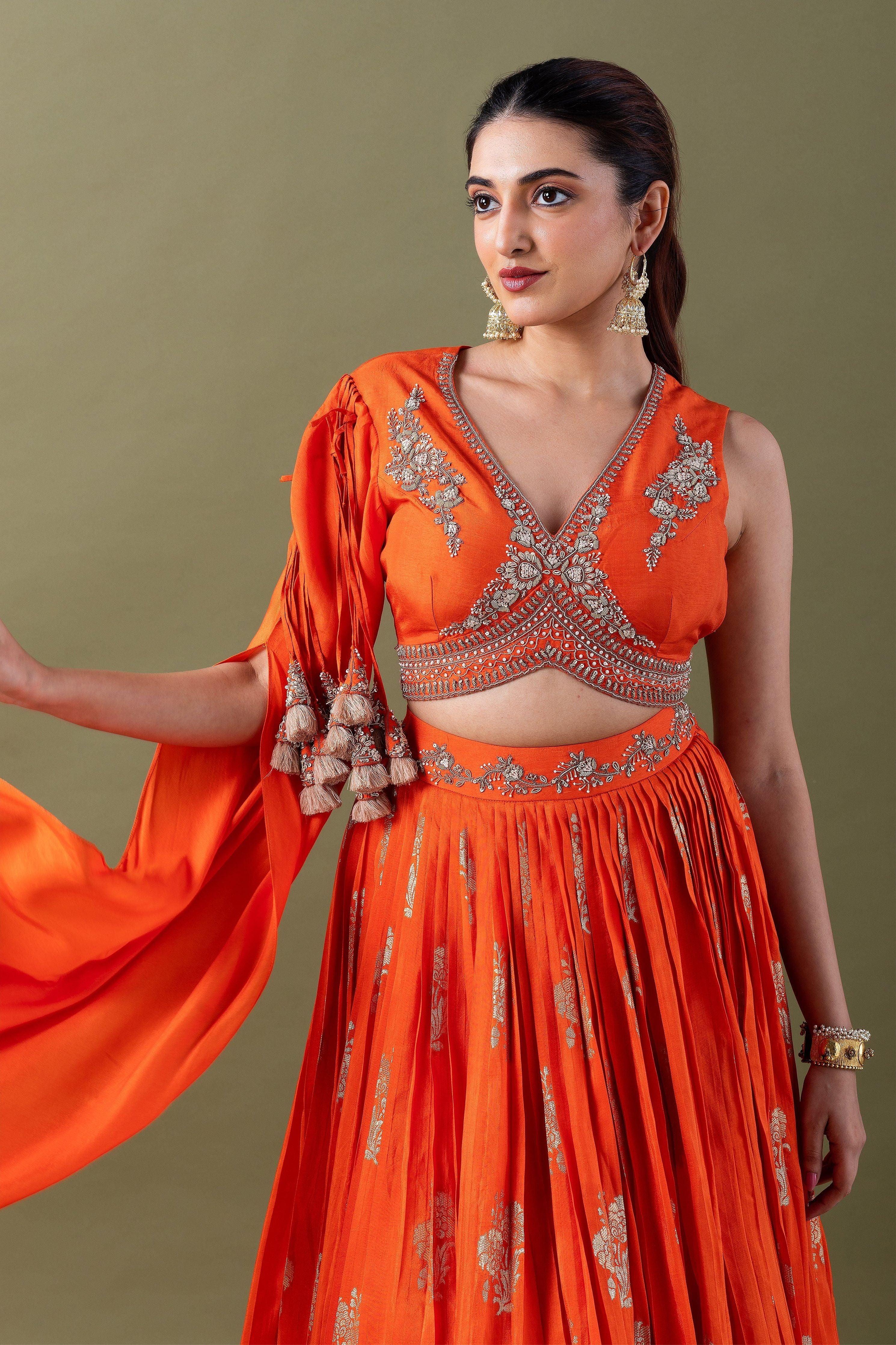Orange Embroidered Lehenga Set  Mokshaa