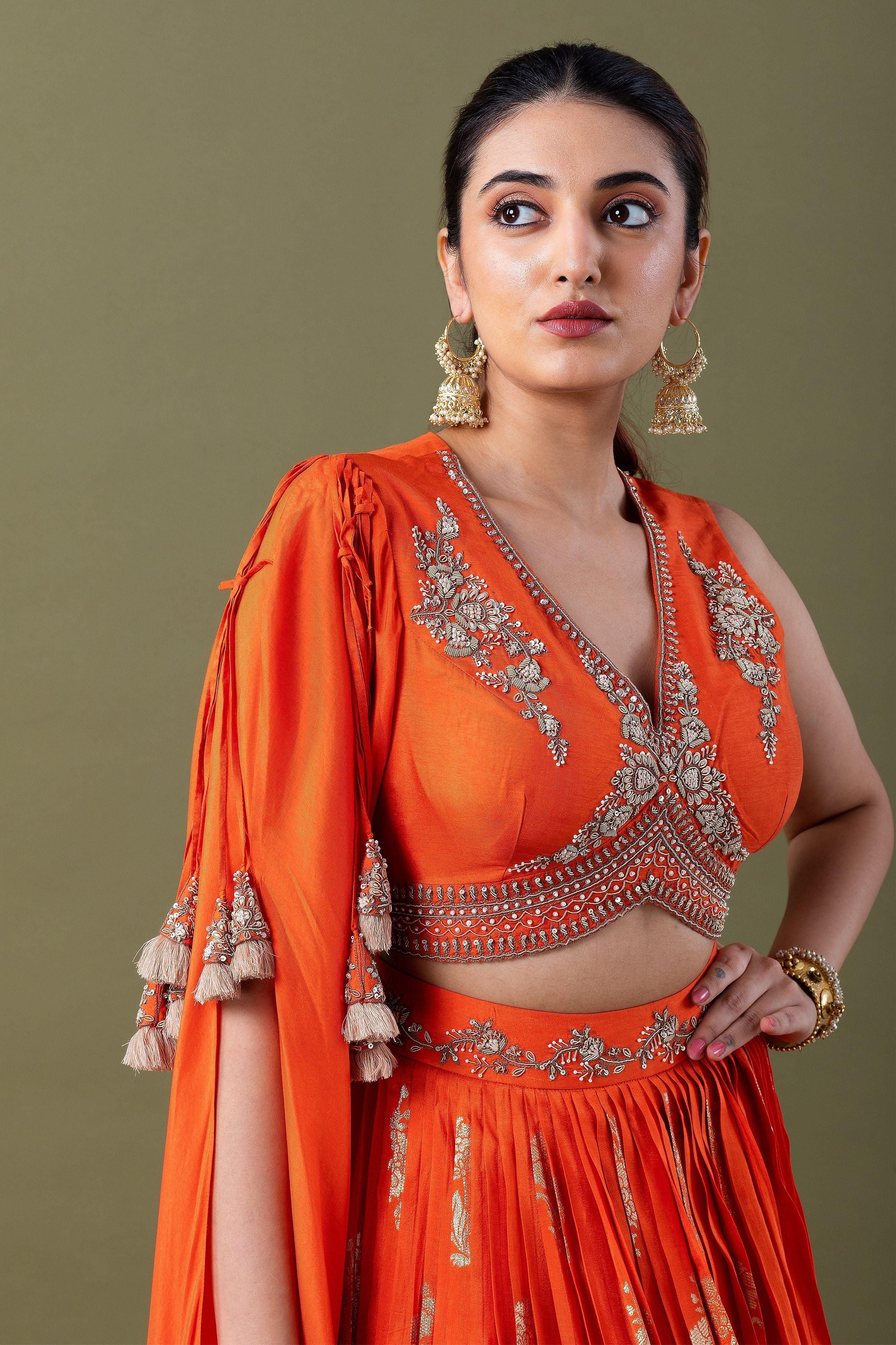 Orange Embroidered Lehenga Set  Mokshaa