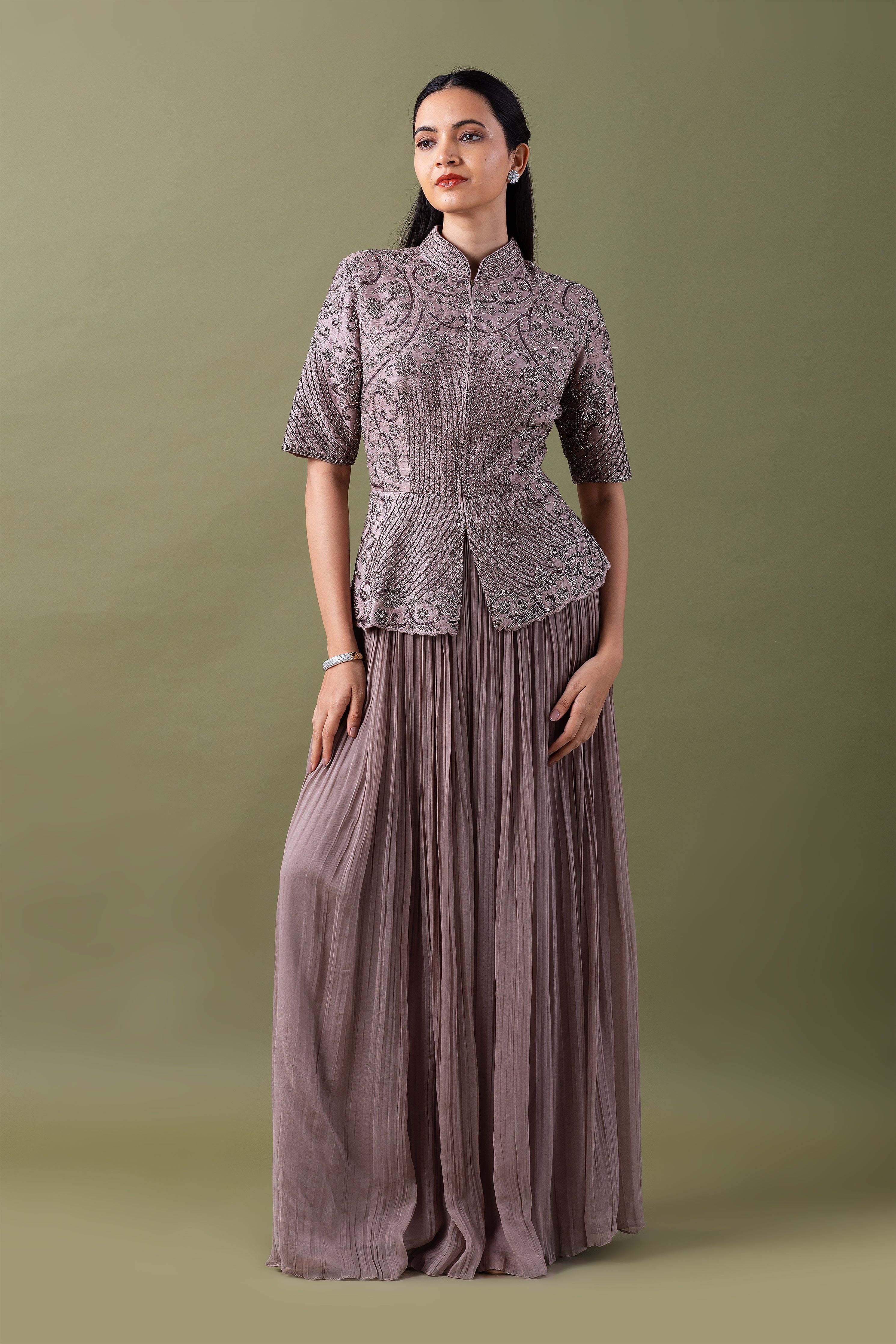 Taupe Embroidered Jacket and Pleated Skirt Set  Mokshaa