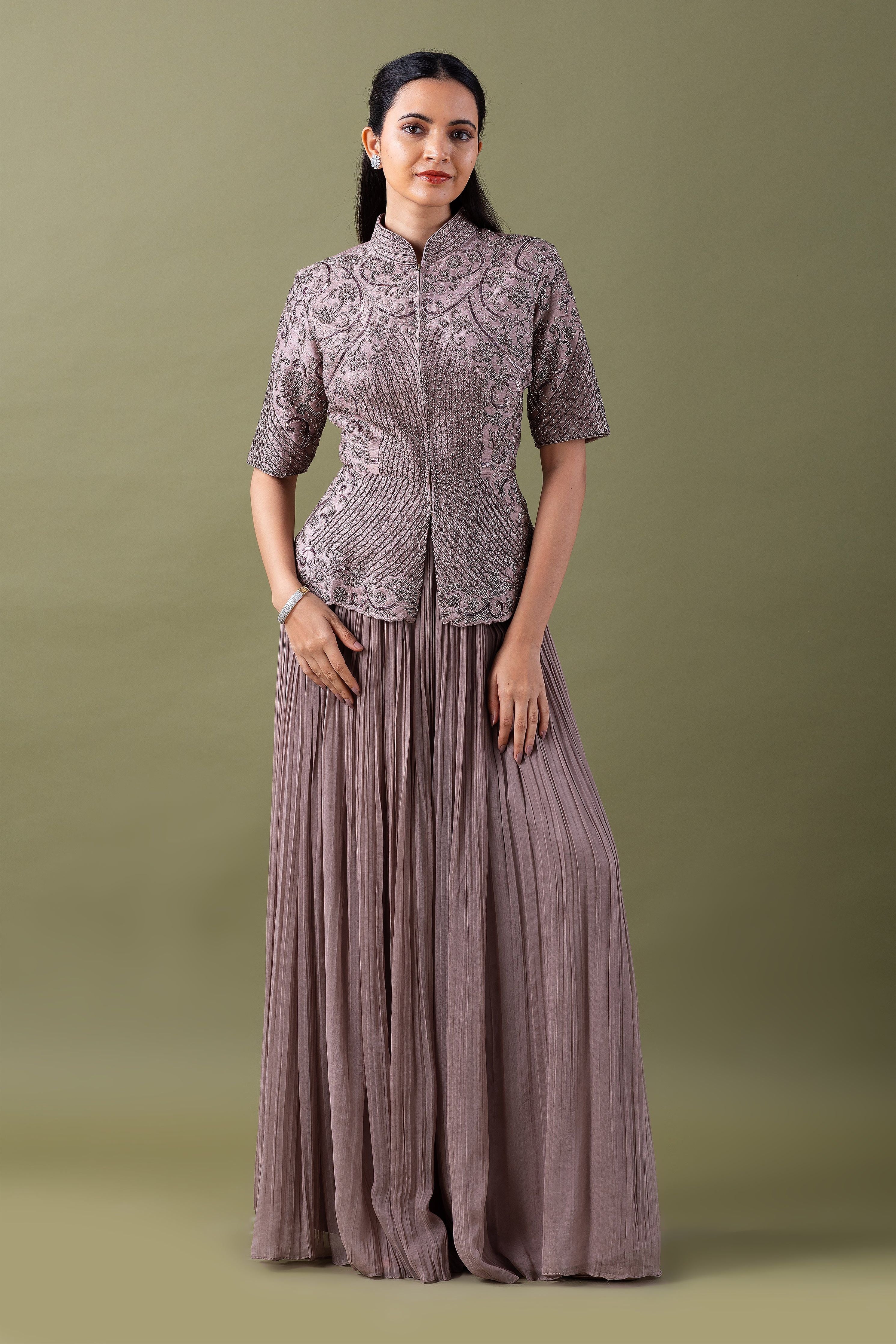 Taupe Embroidered Jacket and Pleated Skirt Set  Mokshaa