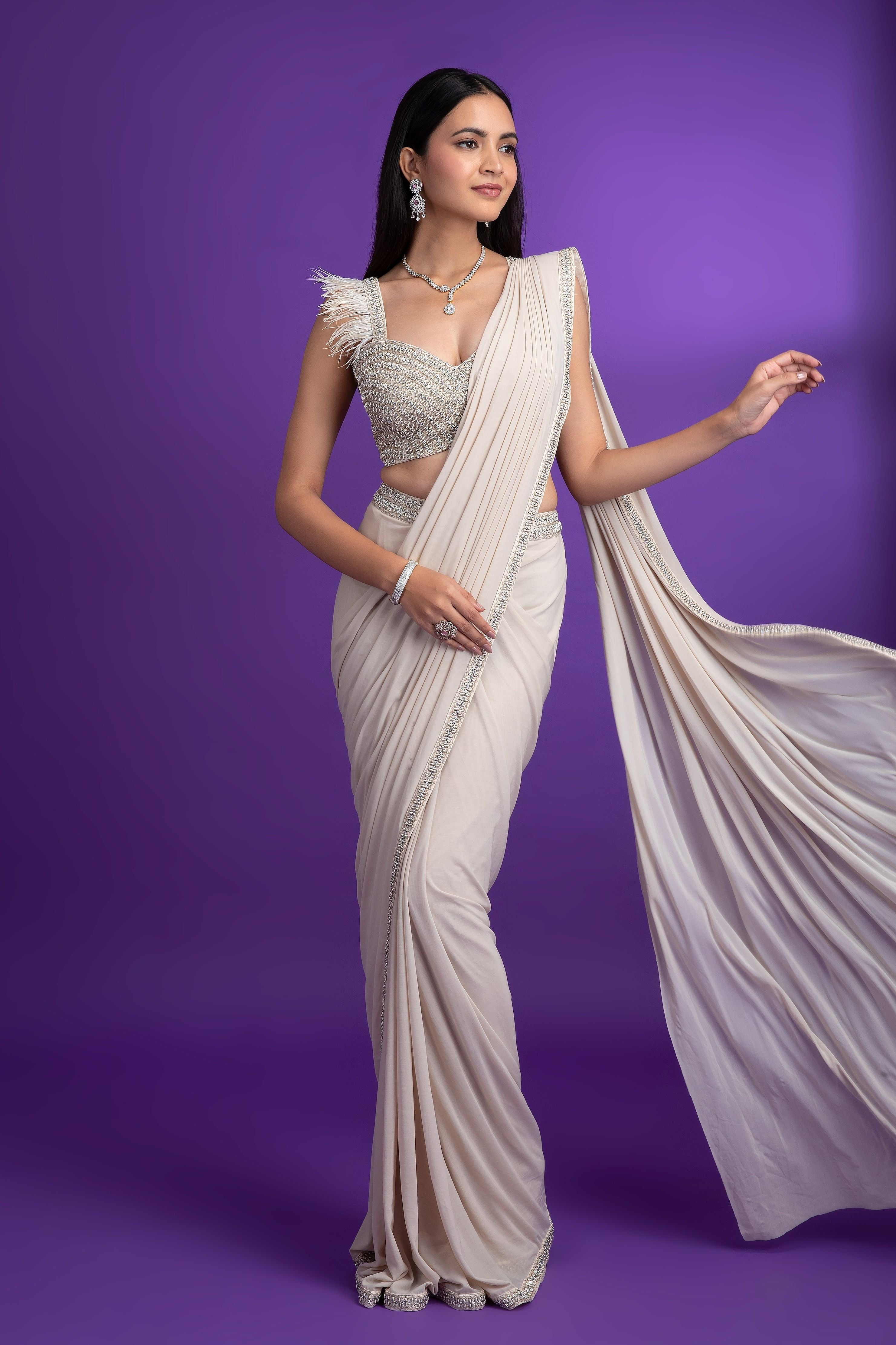 Ivory Net Drape Saree - Mokshaa