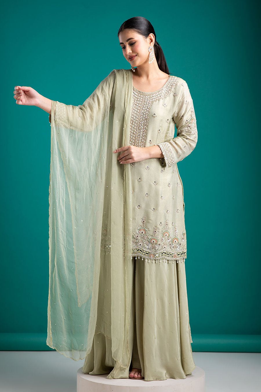 Sage Green Embroidered Kurta with Sharara Set - Mokshaa