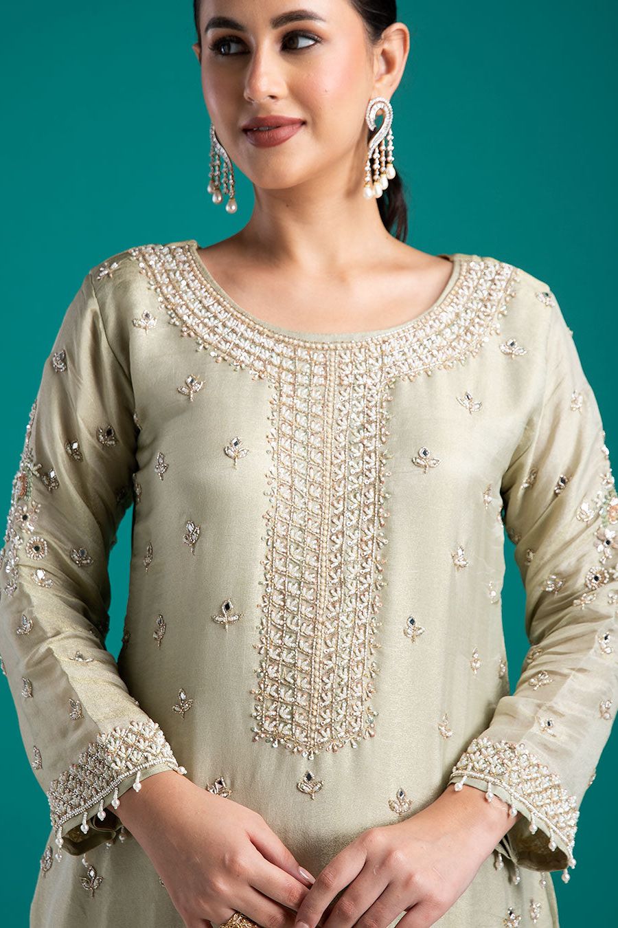 Sage Green Embroidered Kurta with Sharara Set - Mokshaa