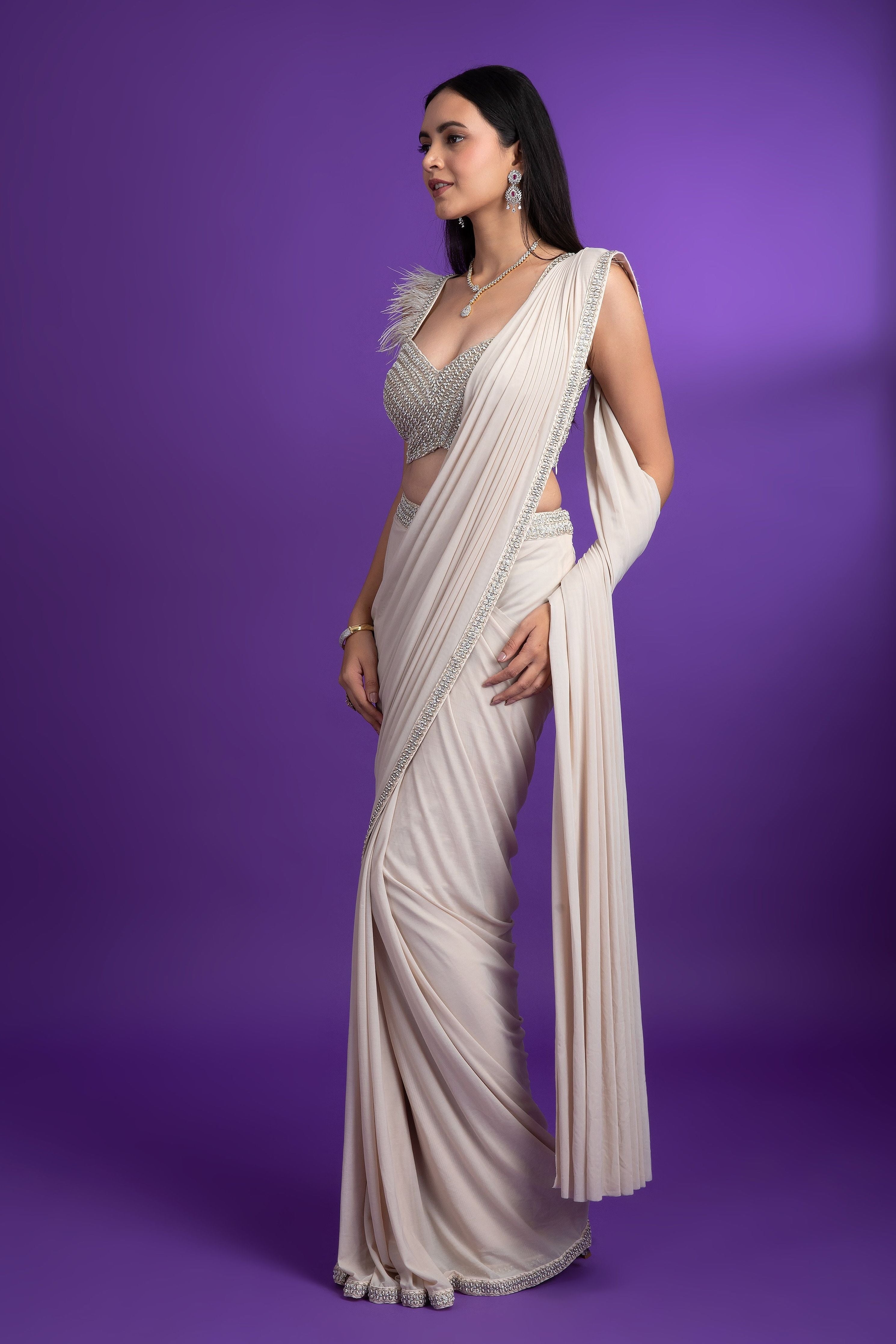 Ivory Net Drape Saree - Mokshaa