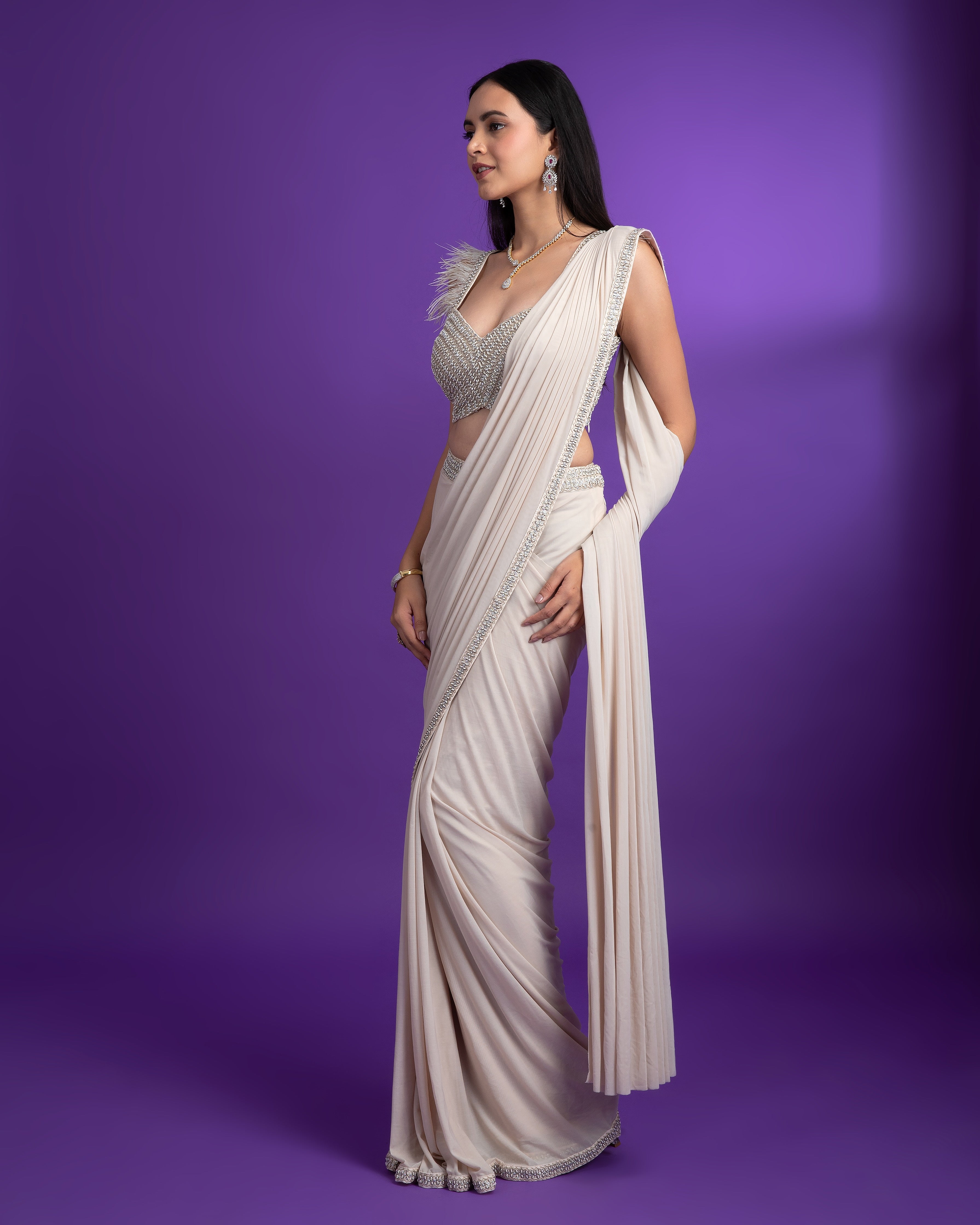 Ivory Net Drape Saree - Mokshaa