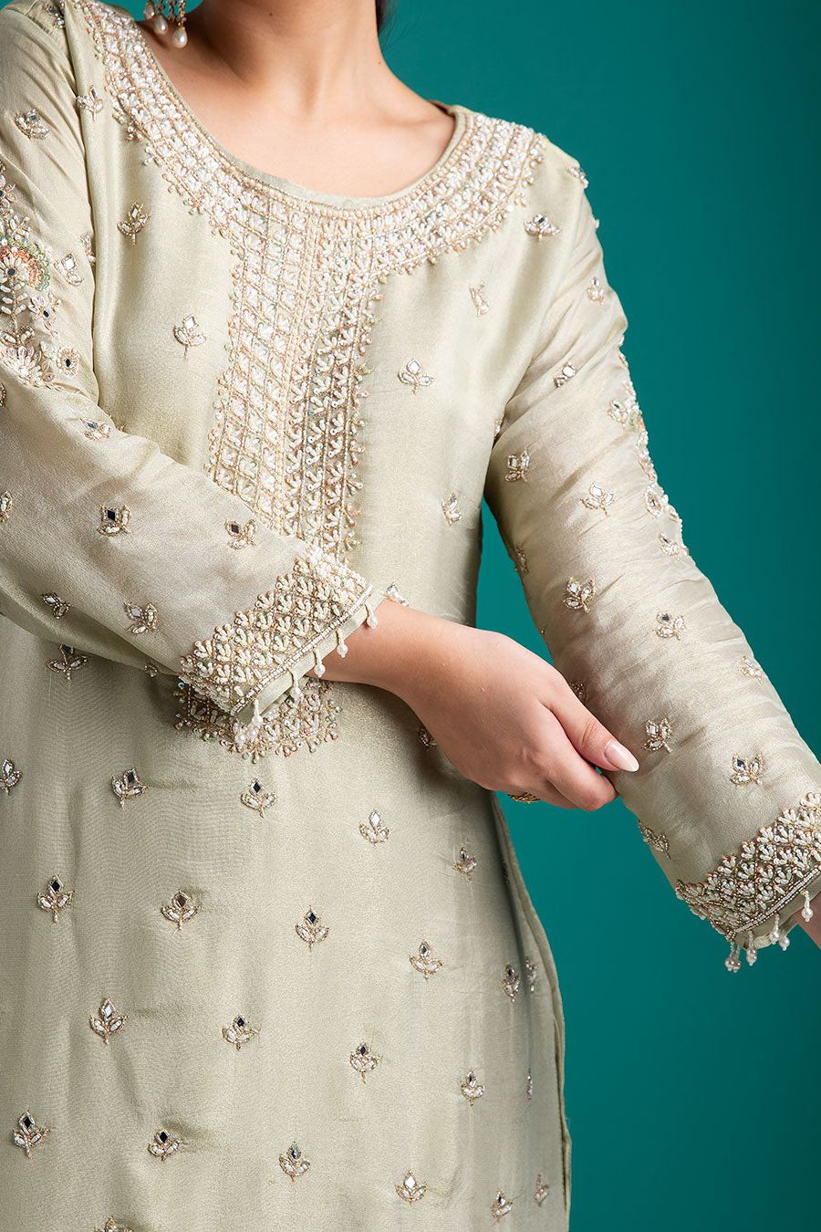 Sage Green Embroidered Kurta with Sharara Set - Mokshaa