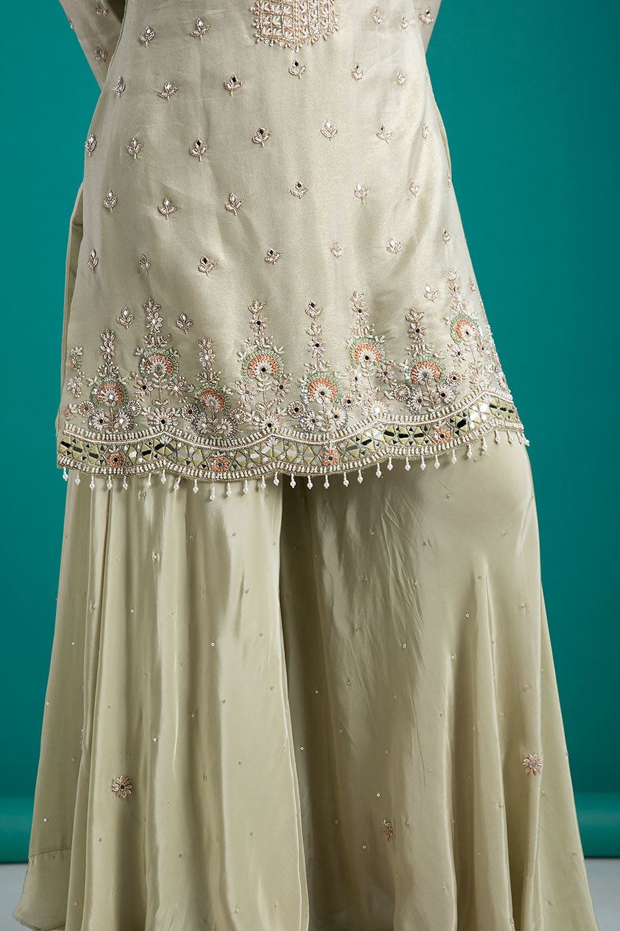 Sage Green Embroidered Kurta with Sharara Set - Mokshaa