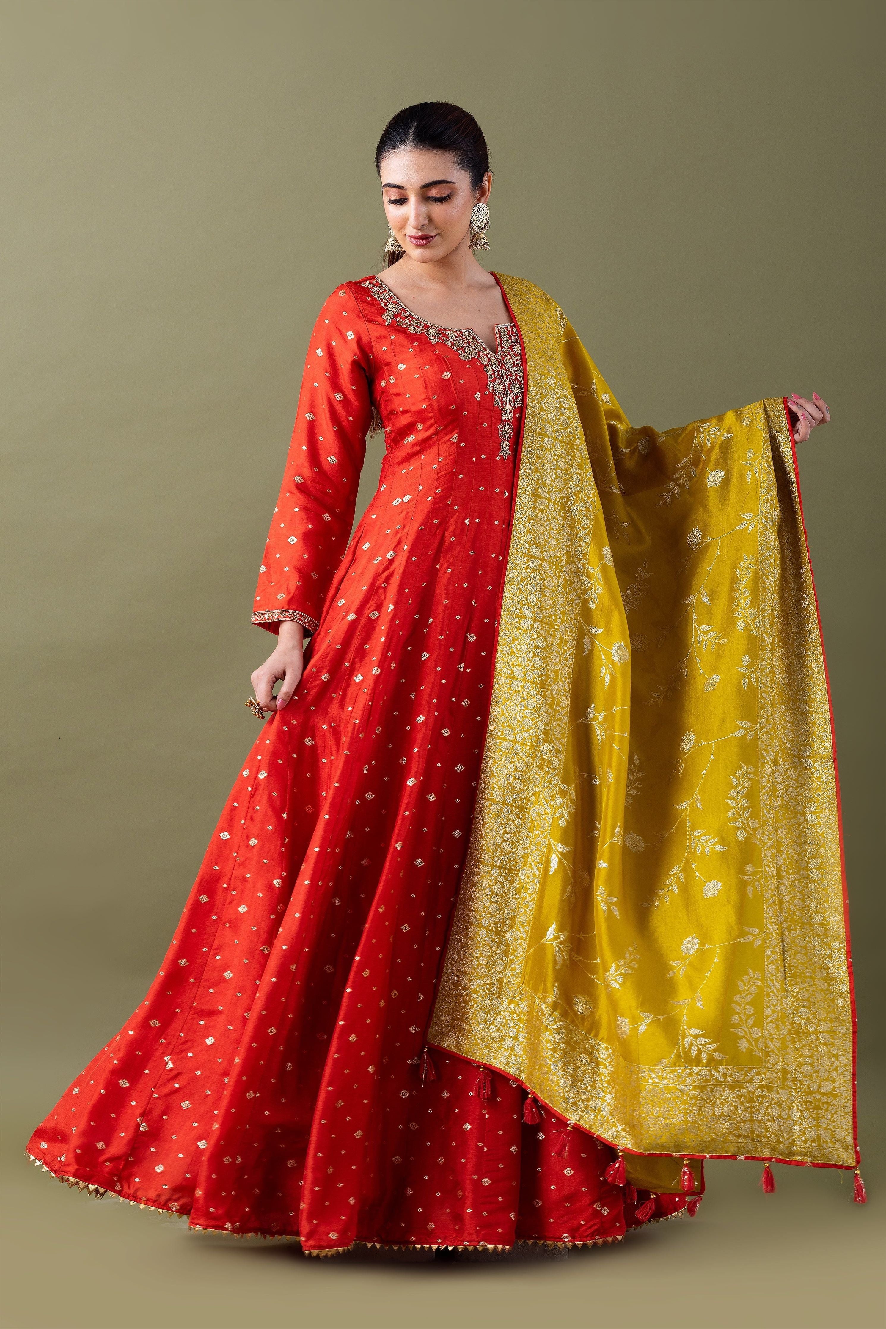 Red  Banarasi Silk Kurta With Mustard Dupatta - Mokshaa