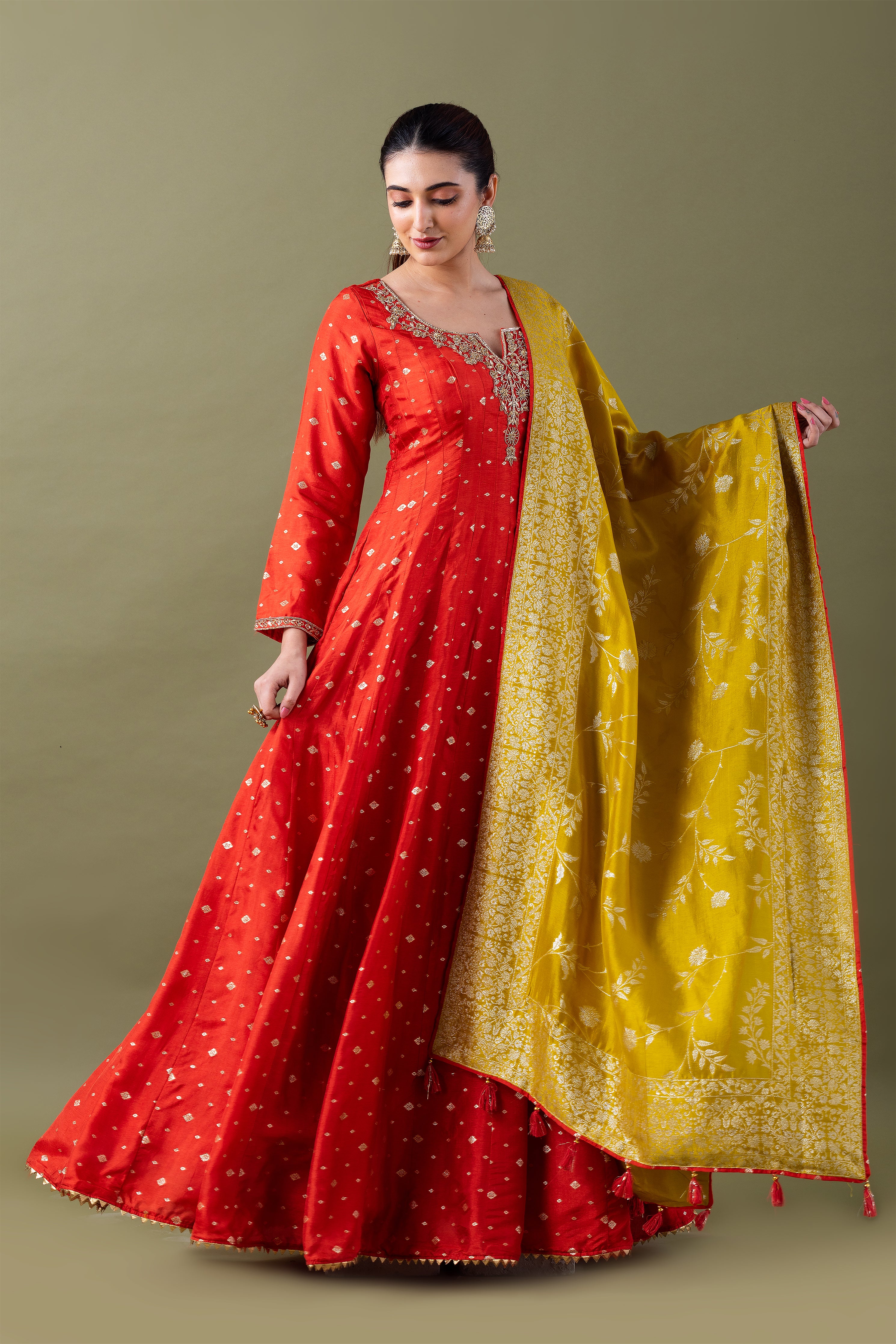 Red  Banarasi silk Kurta with Mustard Dupatta