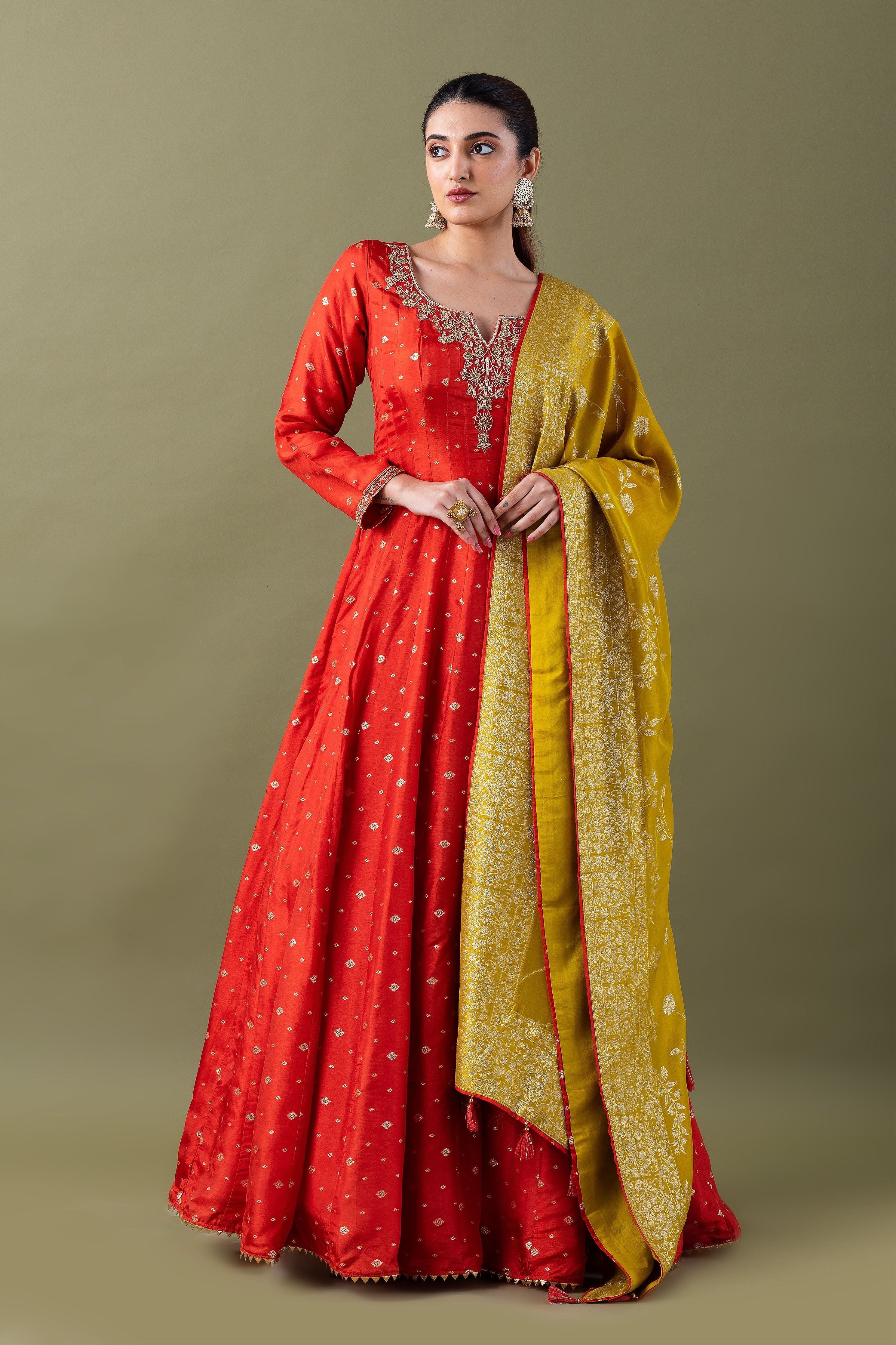 Red  Banarasi Silk Kurta With Mustard Dupatta - Mokshaa