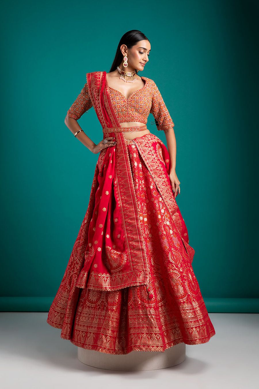 Vibrant Red Banarasi woven Lehenga - Mokshaa