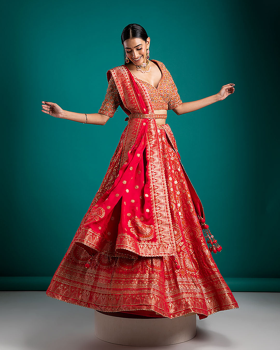 Vibrant Red Banarasi woven Lehenga - Mokshaa