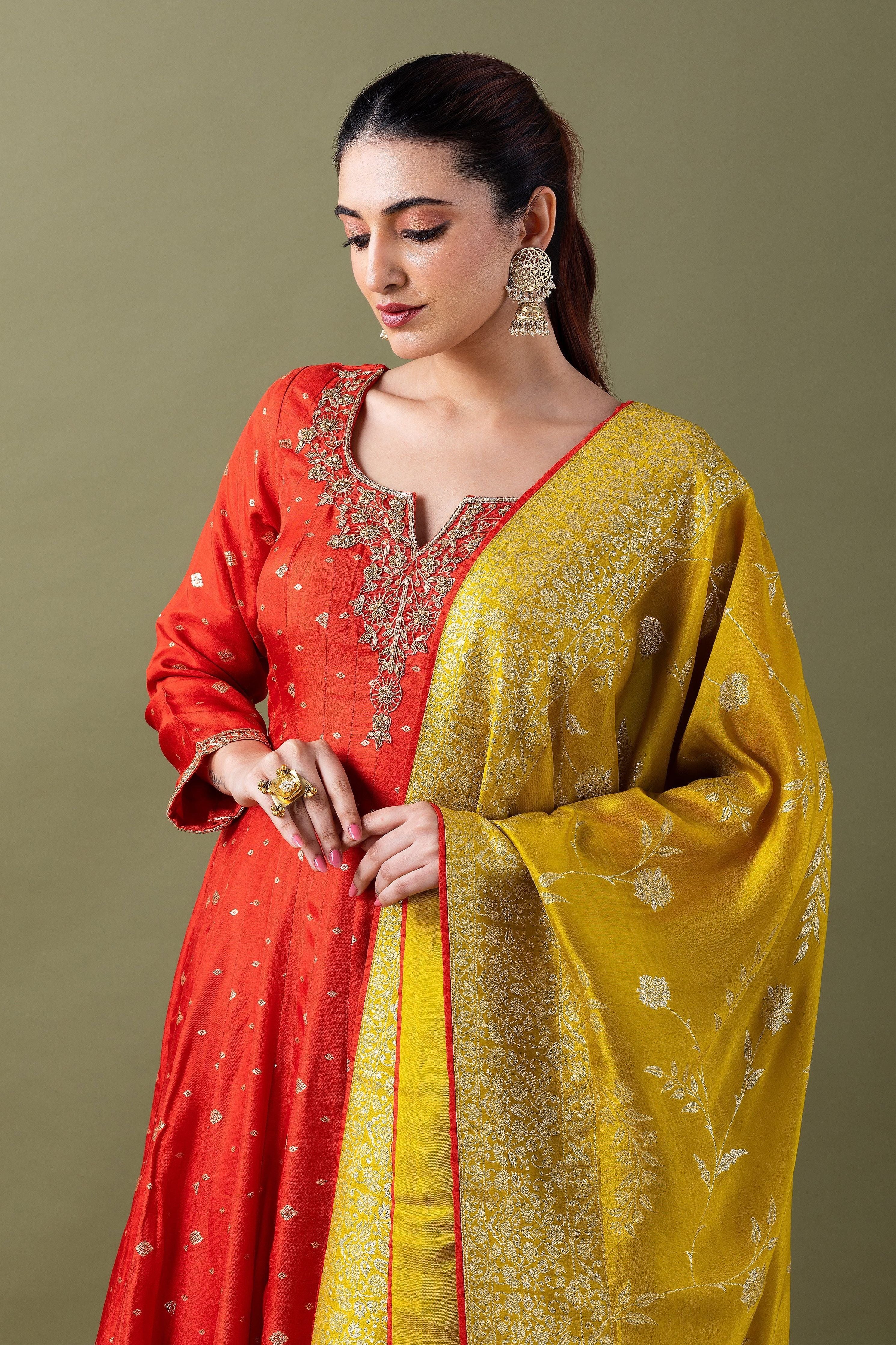 Red  Banarasi Silk Kurta With Mustard Dupatta - Mokshaa