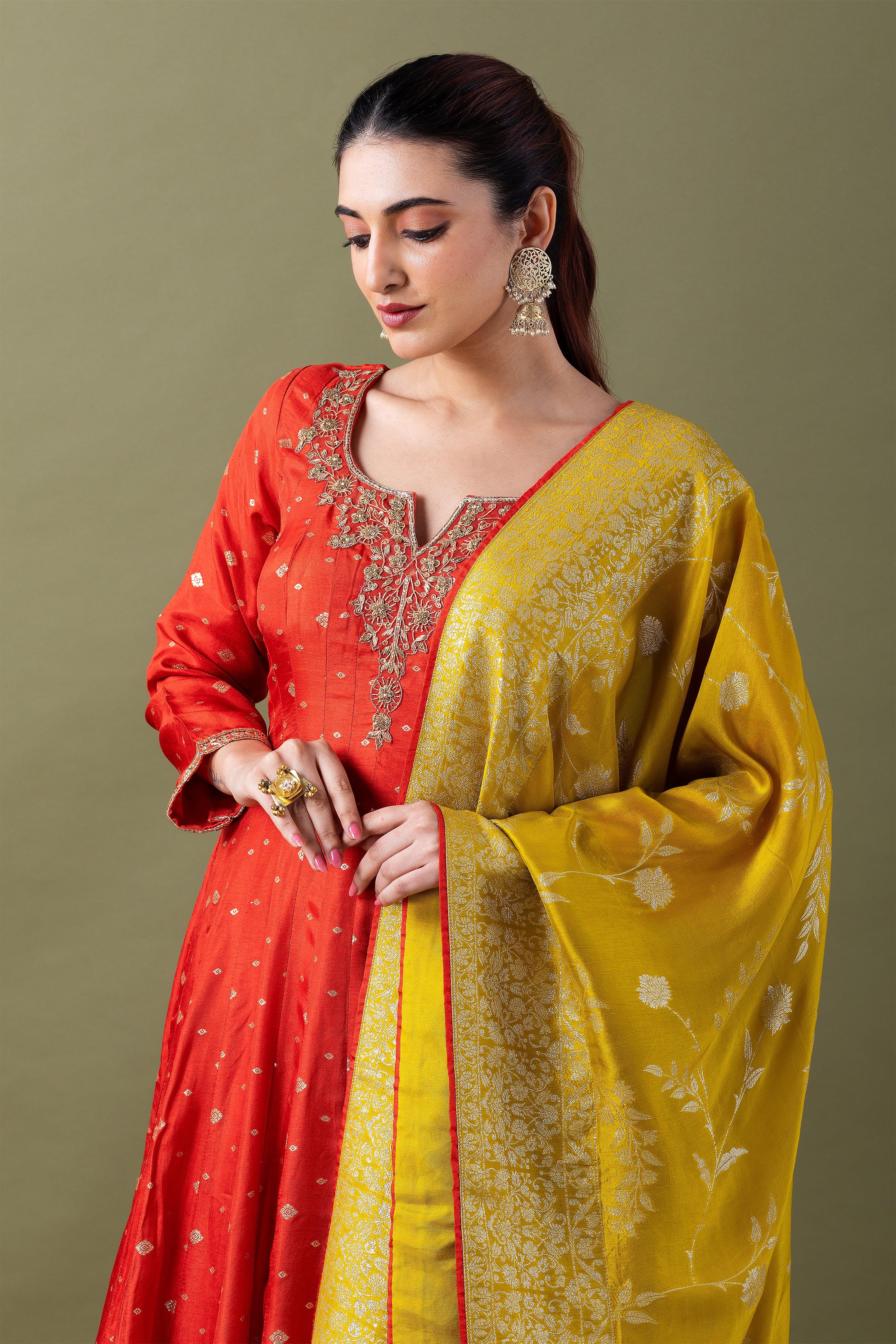 Red  Banarasi silk Kurta with Mustard Dupatta