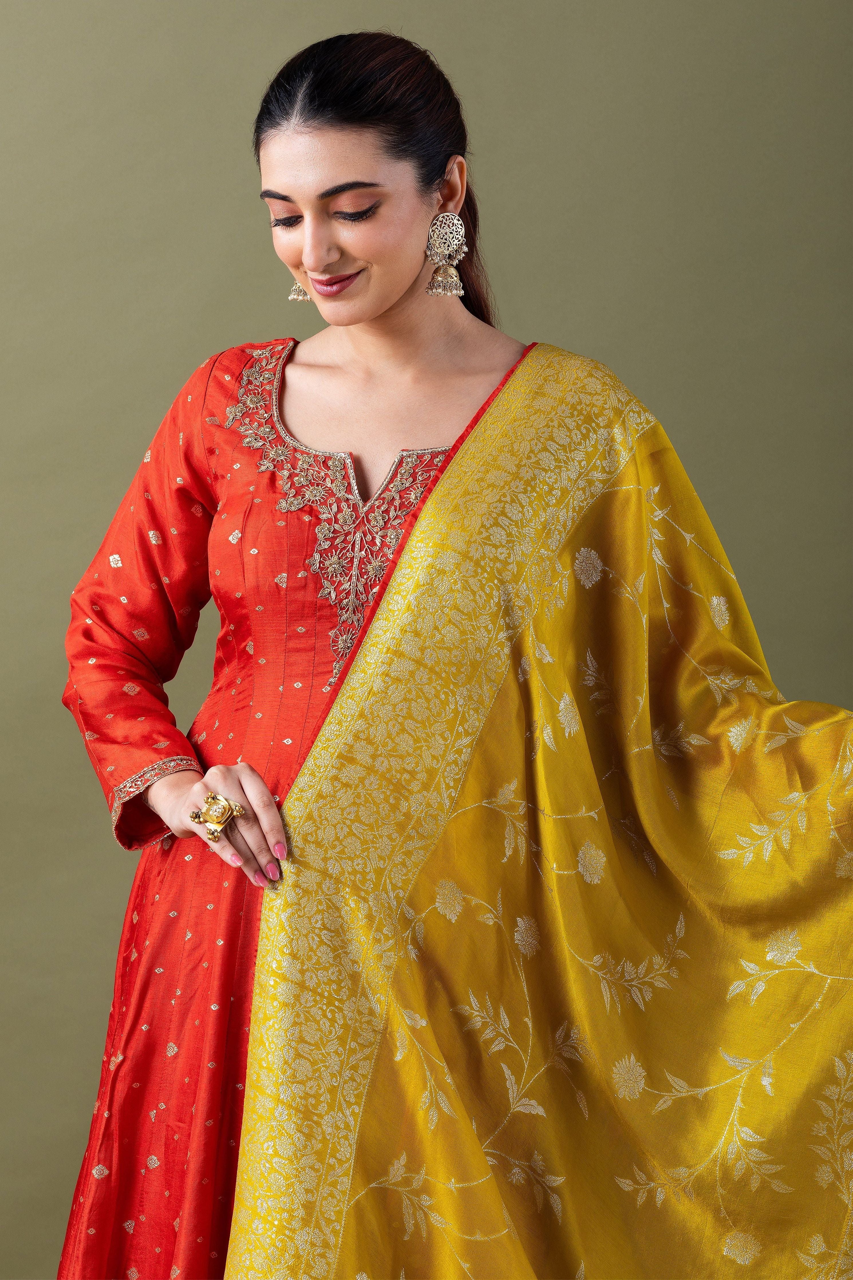 Red  Banarasi Silk Kurta With Mustard Dupatta - Mokshaa