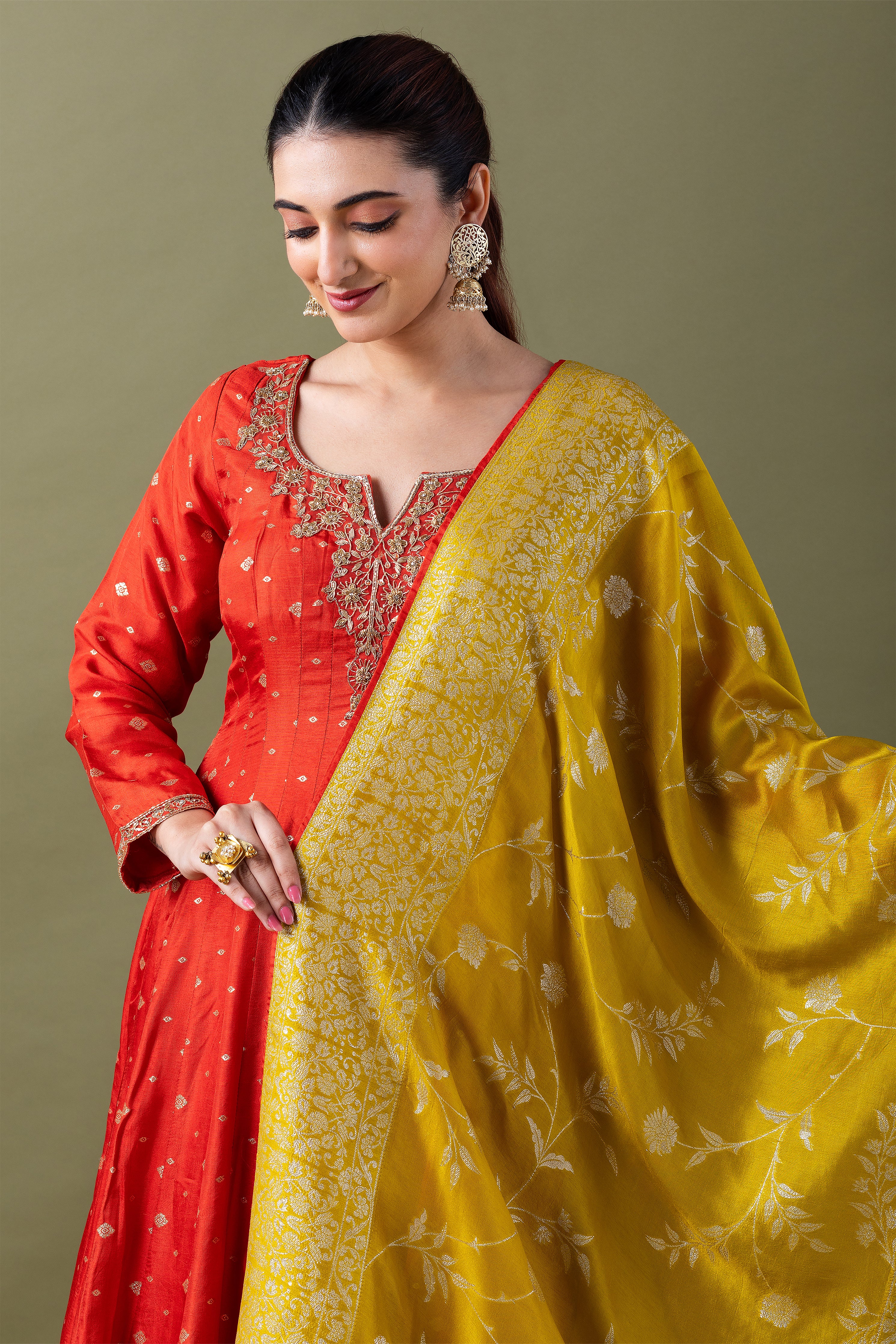 Red  Banarasi silk Kurta with Mustard Dupatta