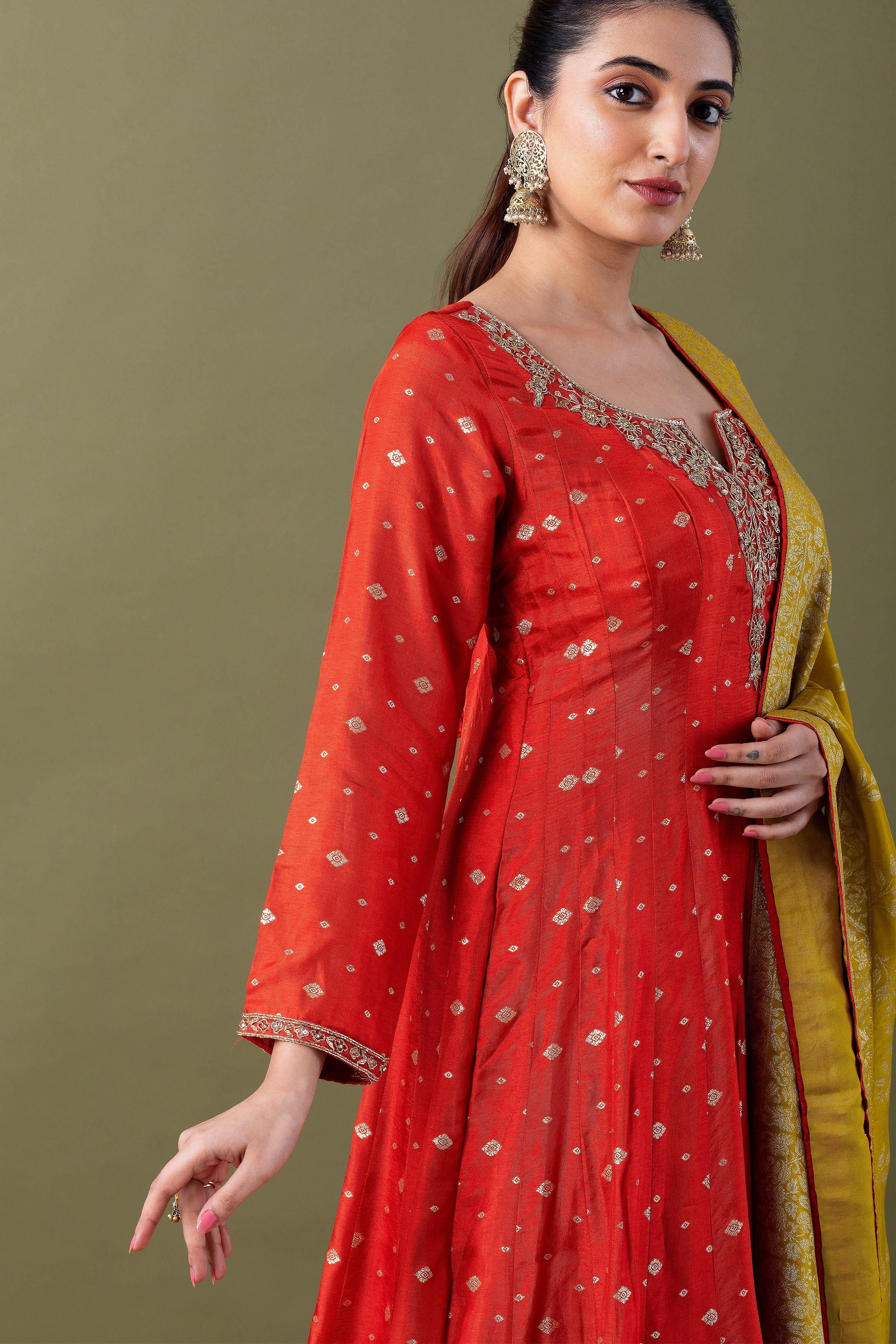 Red  Banarasi Silk Kurta With Mustard Dupatta - Mokshaa