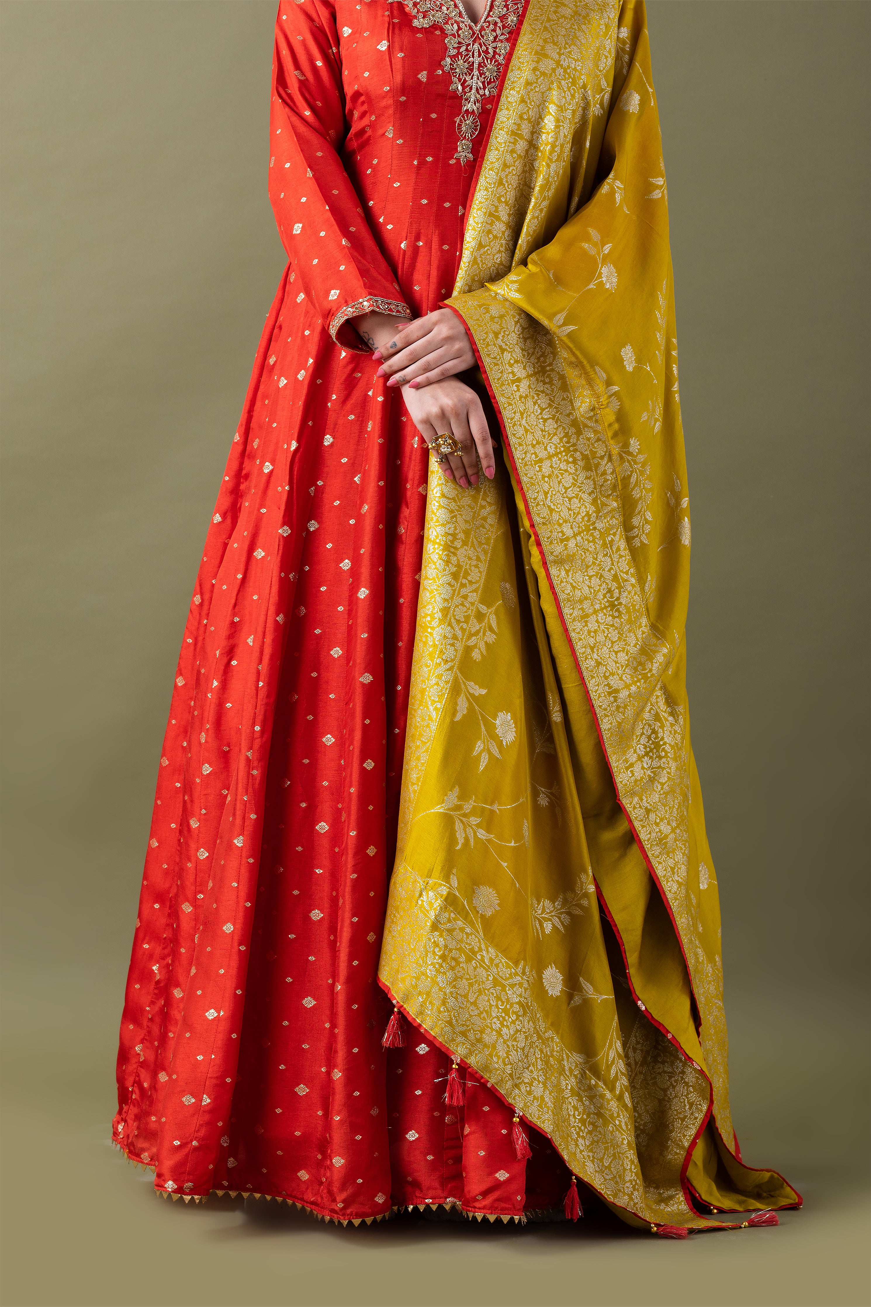 Red  Banarasi silk Kurta with Mustard Dupatta