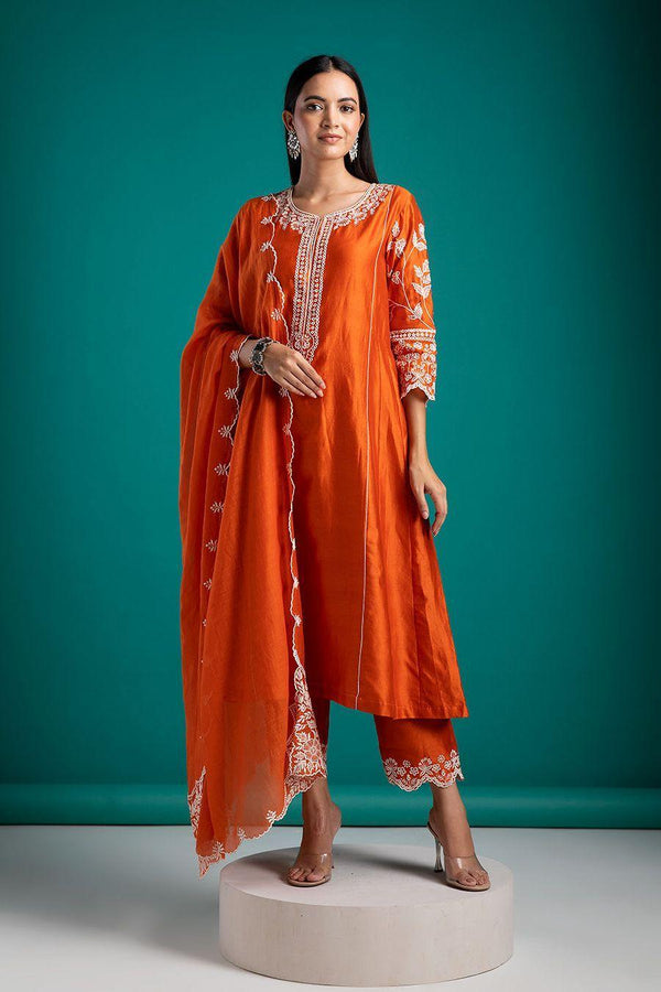 Light  Orange Kurta Set With Pants & Green Contrasting Dupatta main image 0