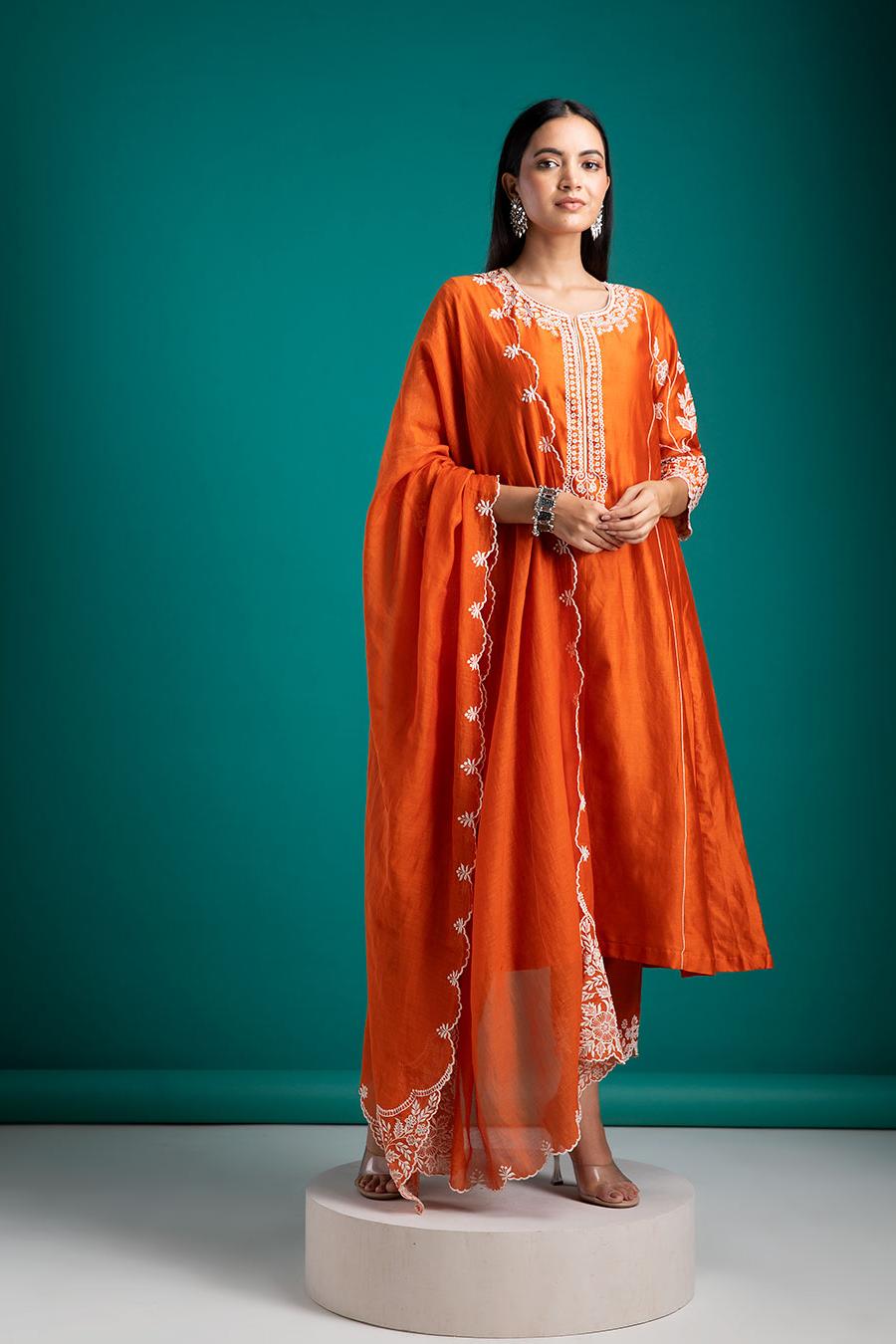 Orange Kurta Set with Dupatta - Mokshaa