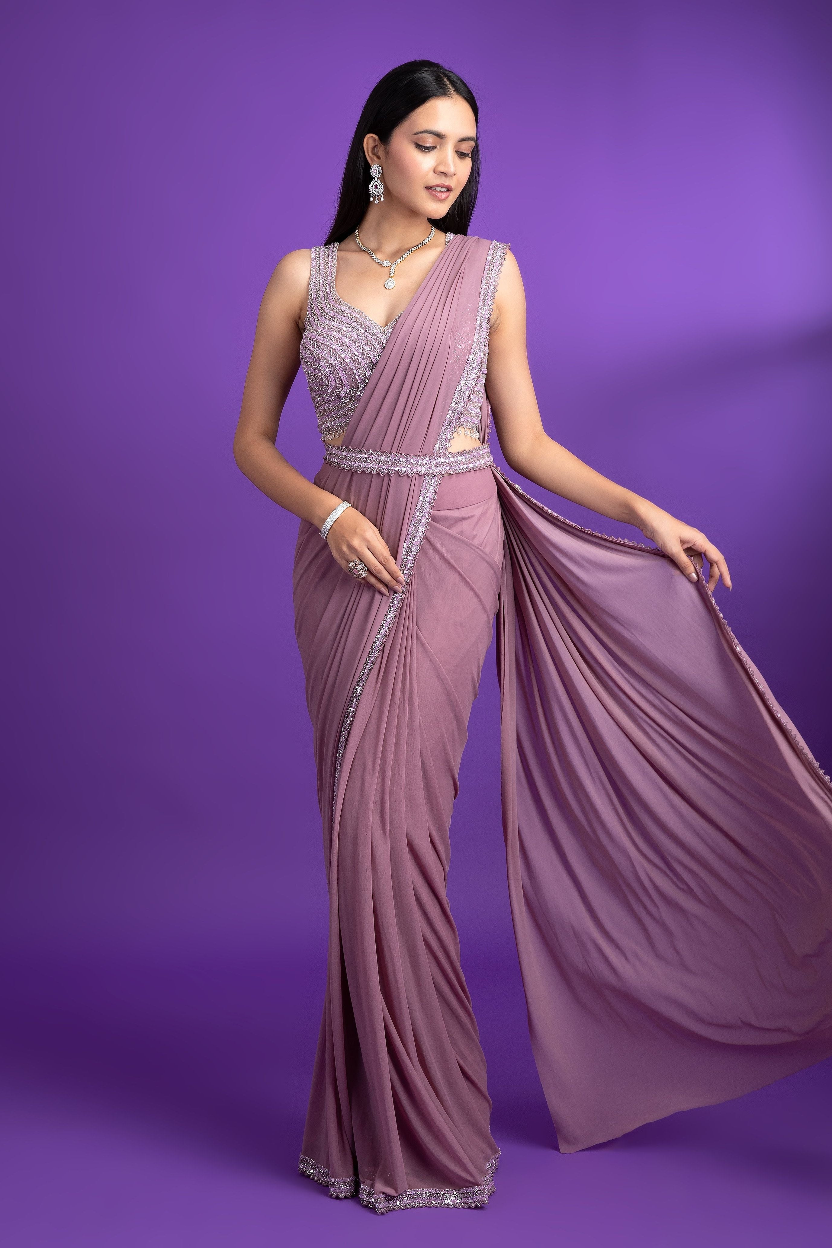 Lavender Net Drape Saree - Mokshaa