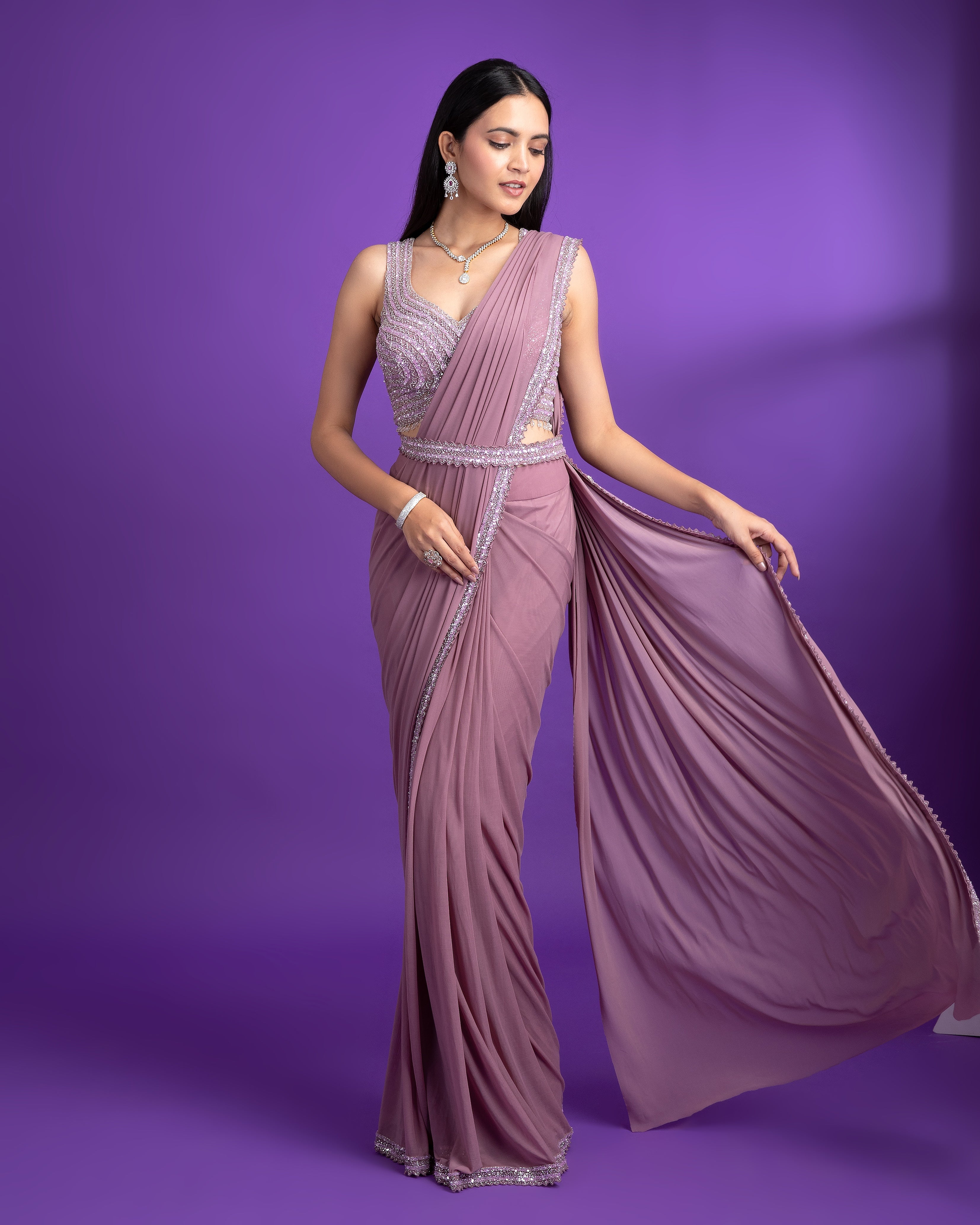 Lavender Net Drape Saree - Mokshaa