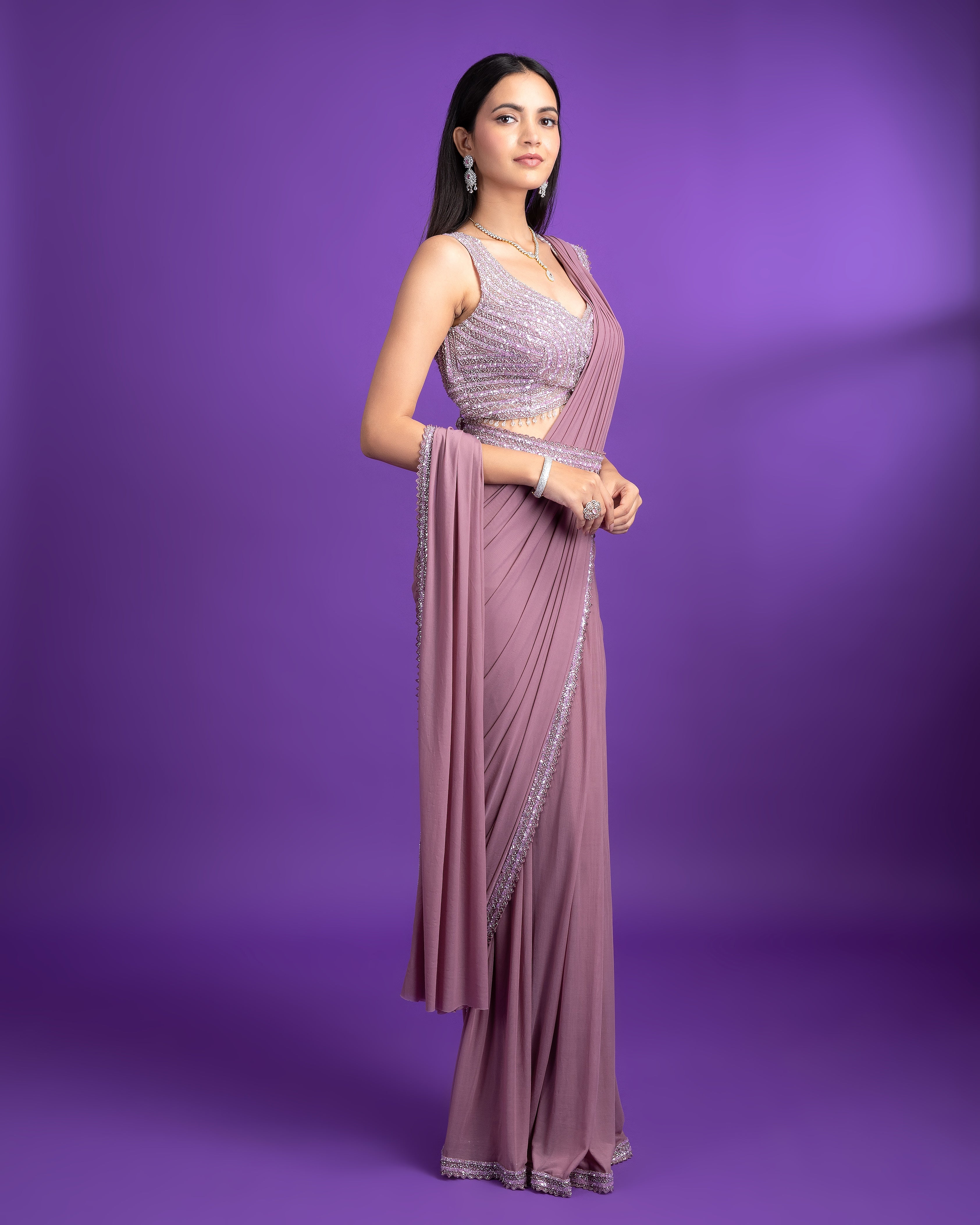 Lavender Net Drape Saree - Mokshaa