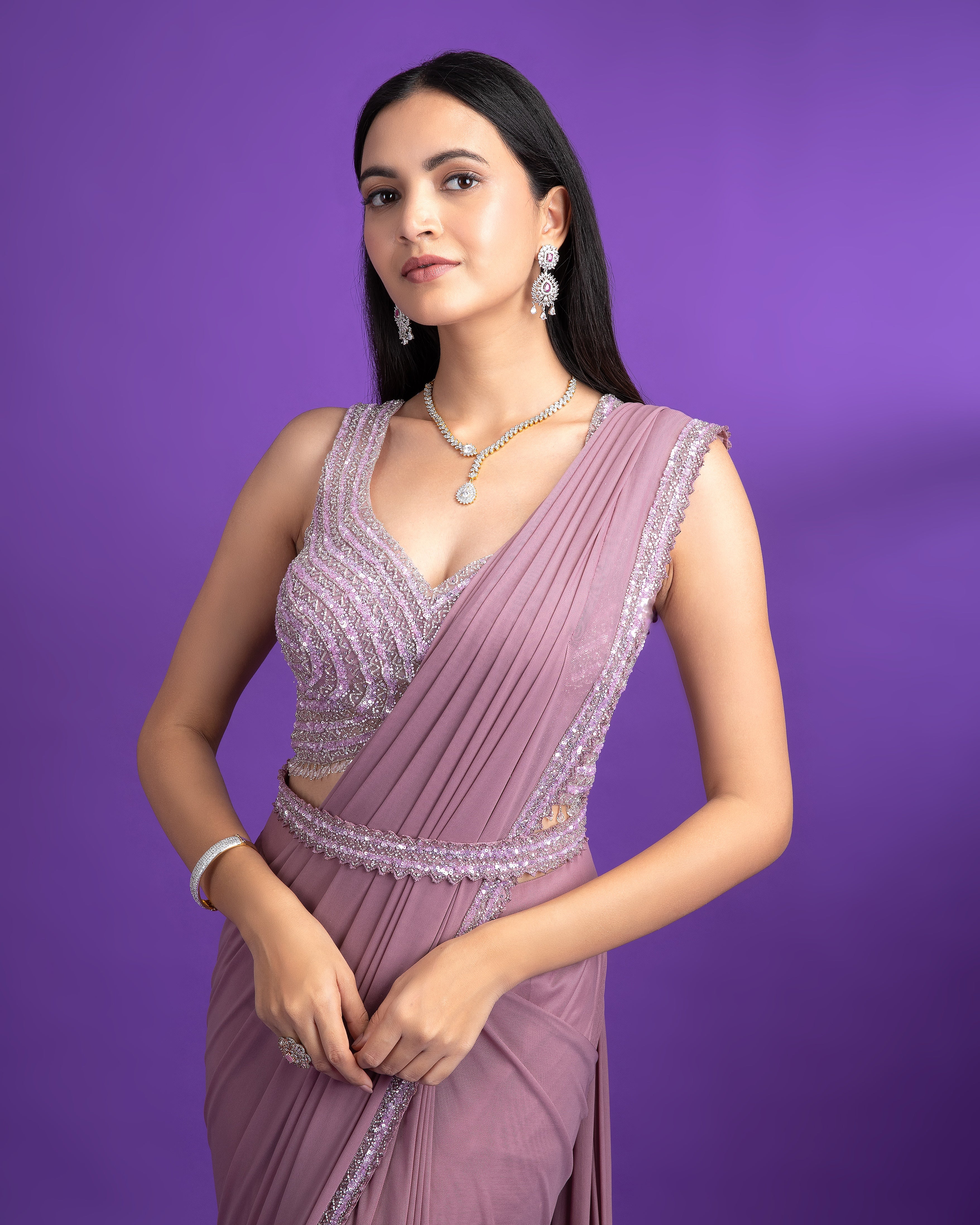 Lavender Net Drape Saree - Mokshaa