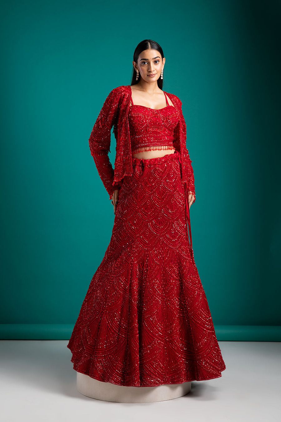 Bold Red Sequined Lehenga Set - Mokshaa