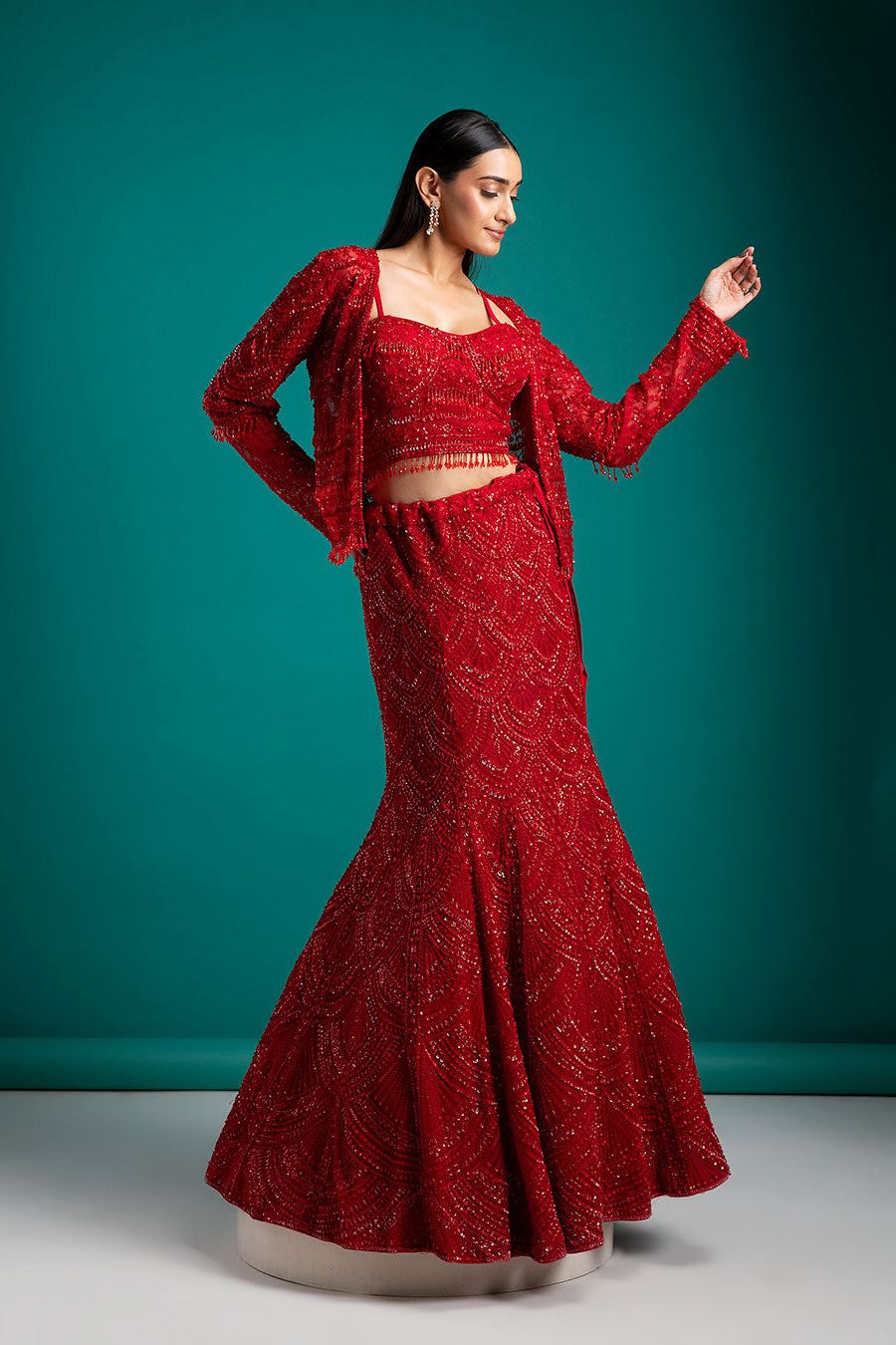 Bold Red Sequined Lehenga Set - Mokshaa