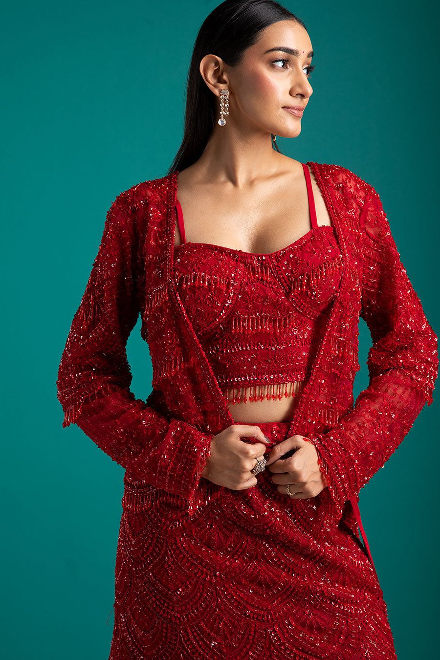 Bold Red Sequined Lehenga Set - Mokshaa