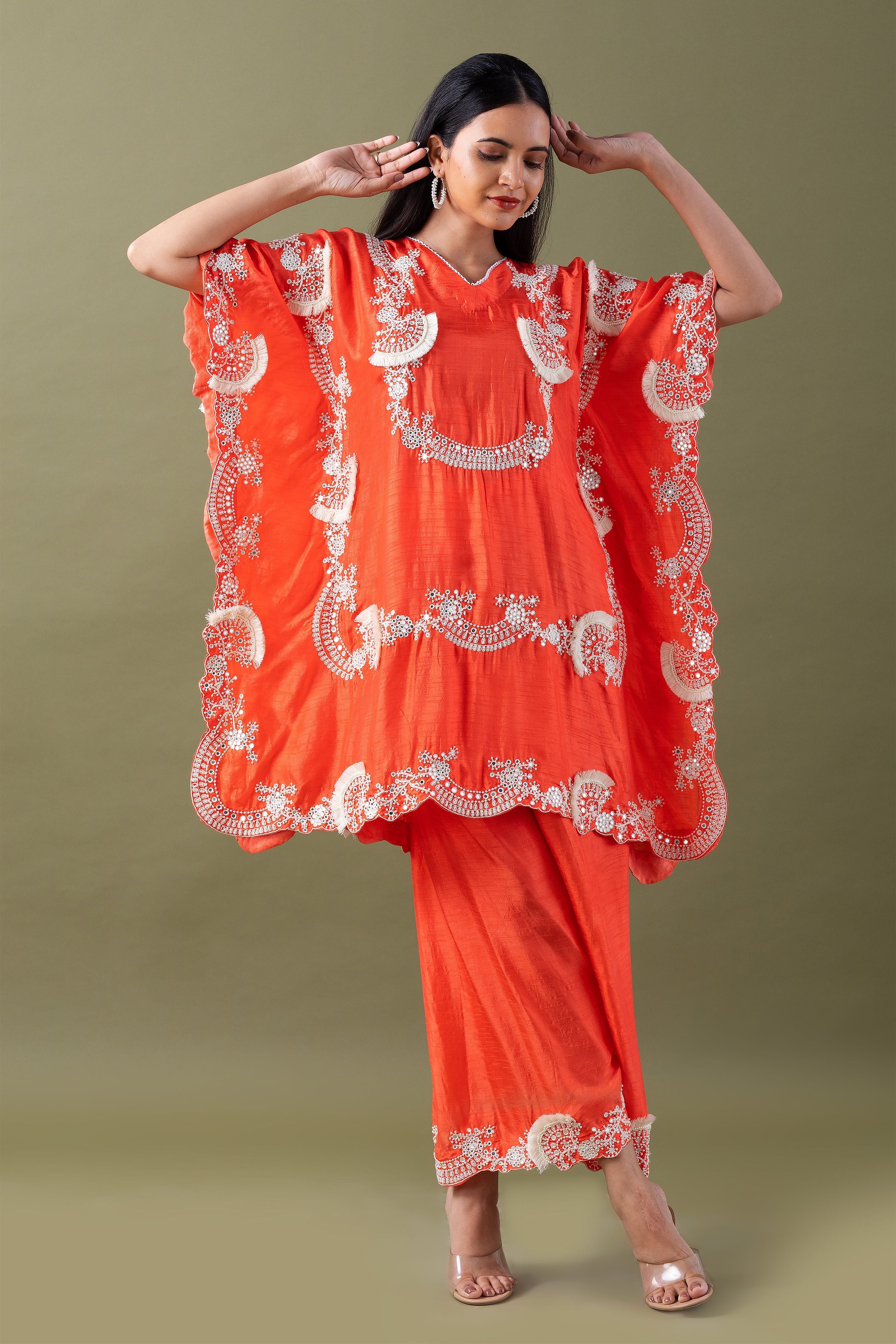 Coral Embriodred Kaftan Set - Mokshaa