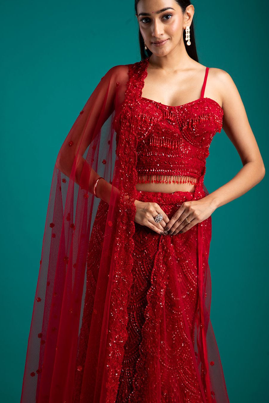 Bold Red Sequined Lehenga Set - Mokshaa