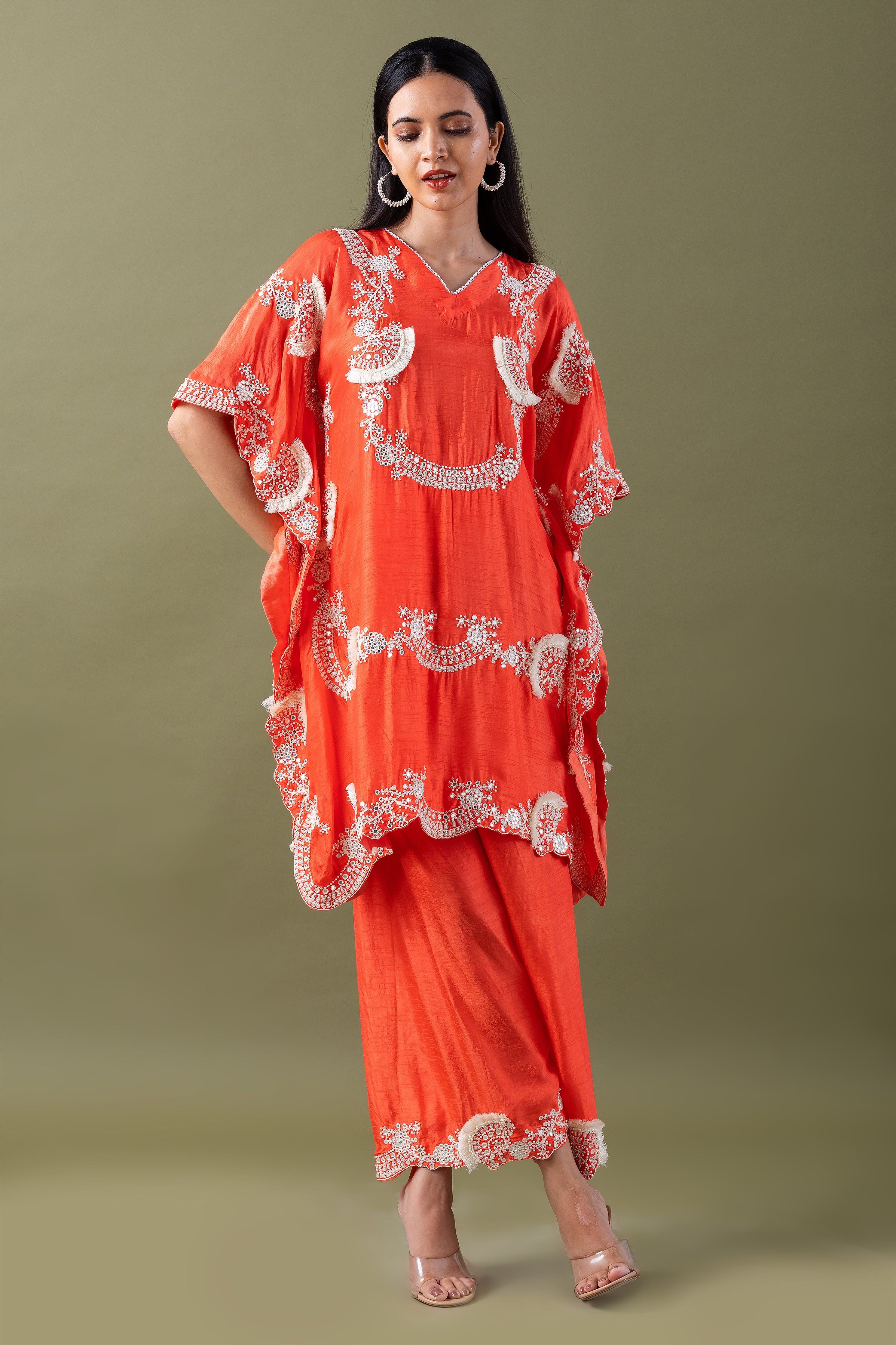 Coral Embriodred Kaftan Set - Mokshaa