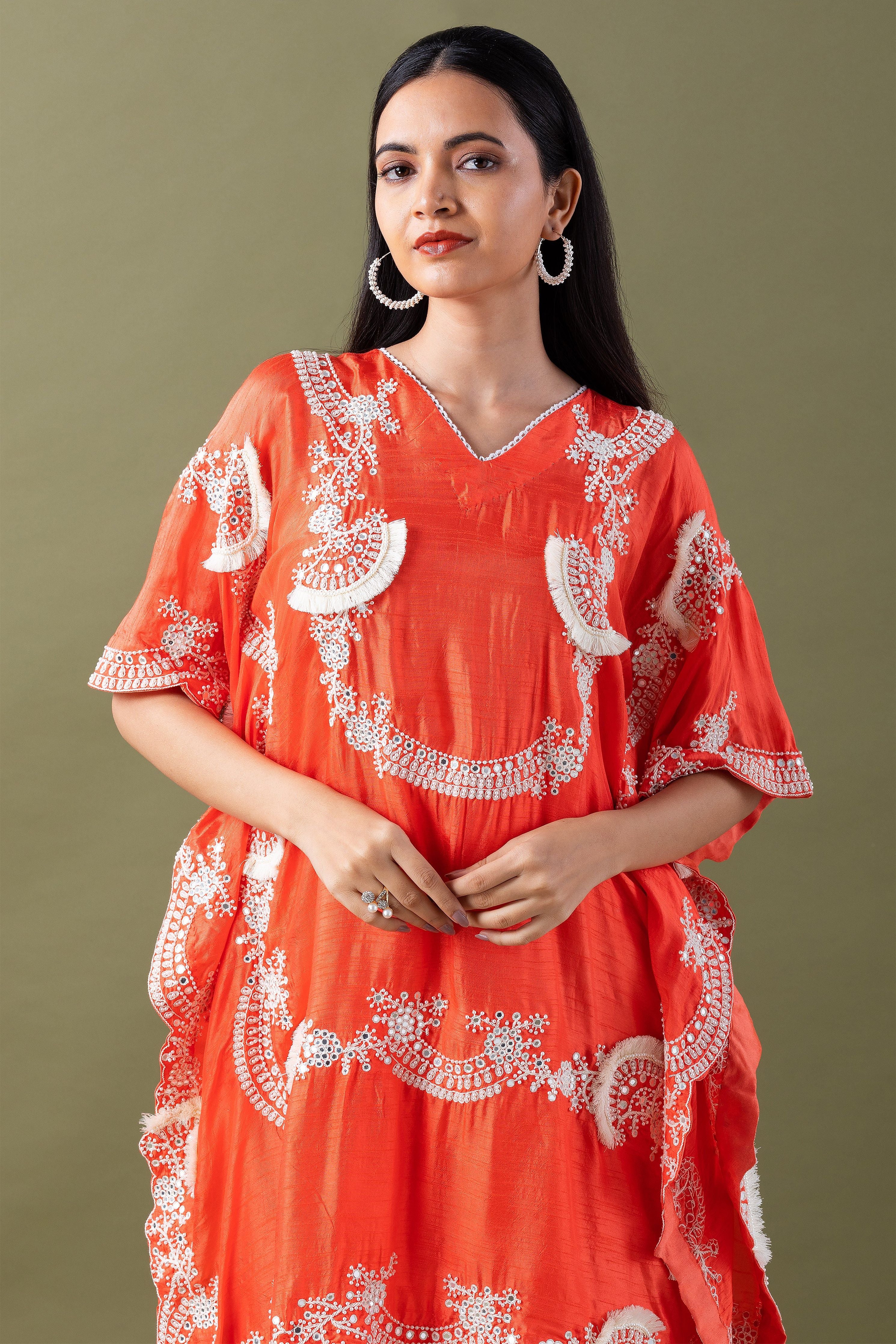 Coral Embriodred Kaftan Set - Mokshaa