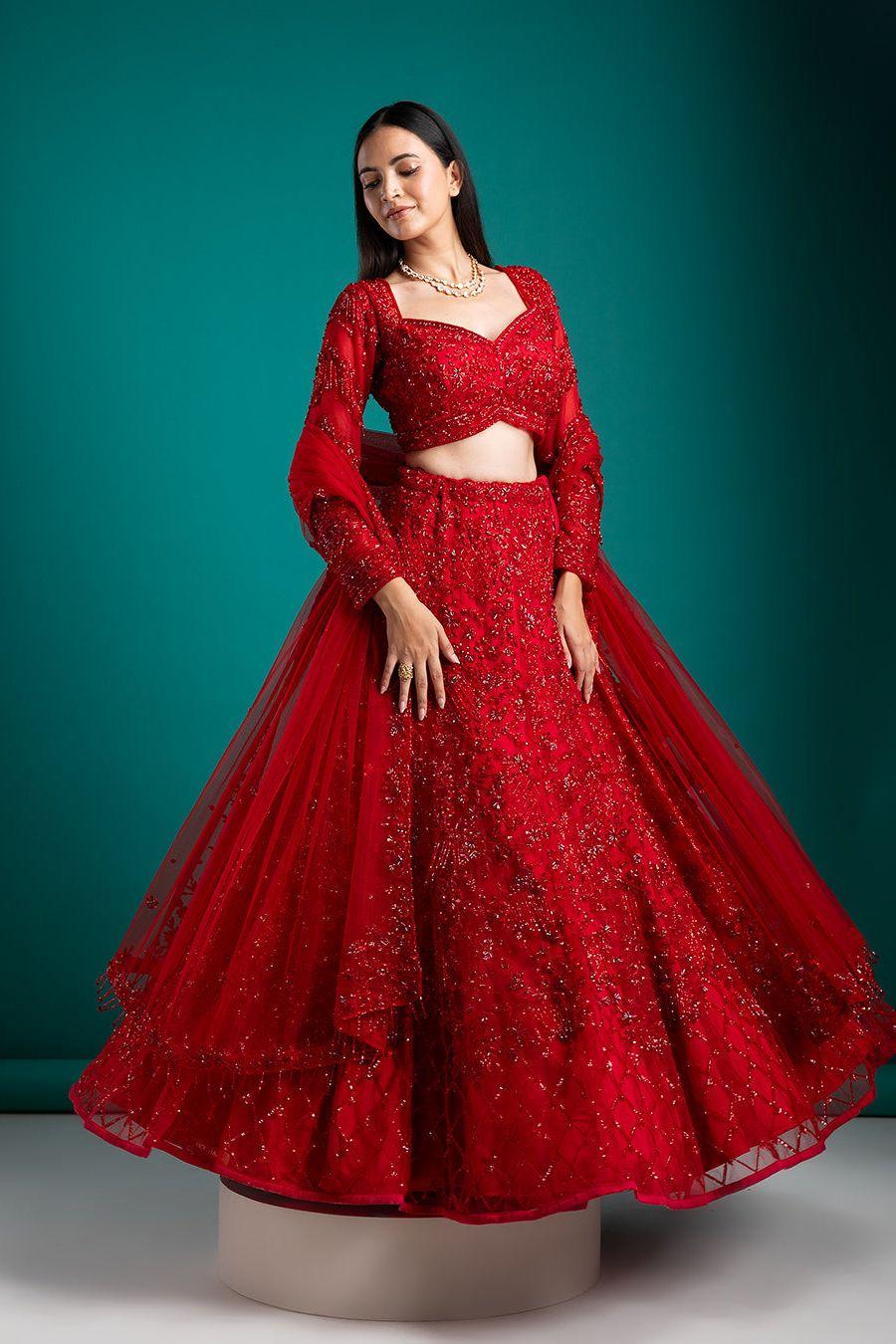 Ruby Red Embellished Lehenga with Exquisite Detailing - Mokshaa