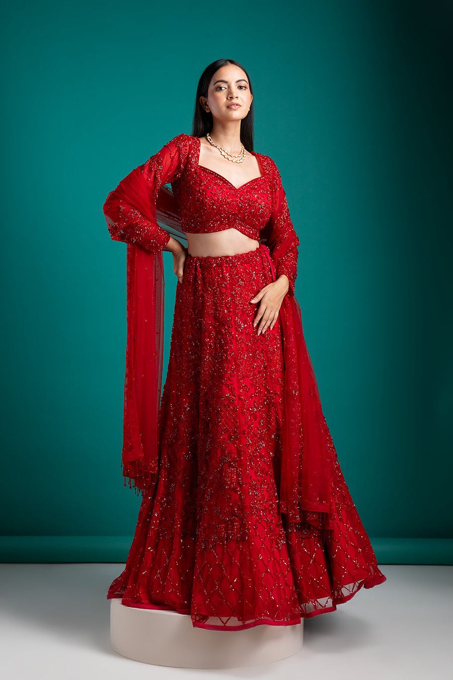 Ruby Red Embellished Lehenga with Exquisite Detailing - Mokshaa