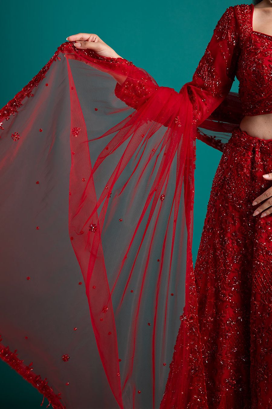 Ruby Red Embellished Lehenga with Exquisite Detailing - Mokshaa